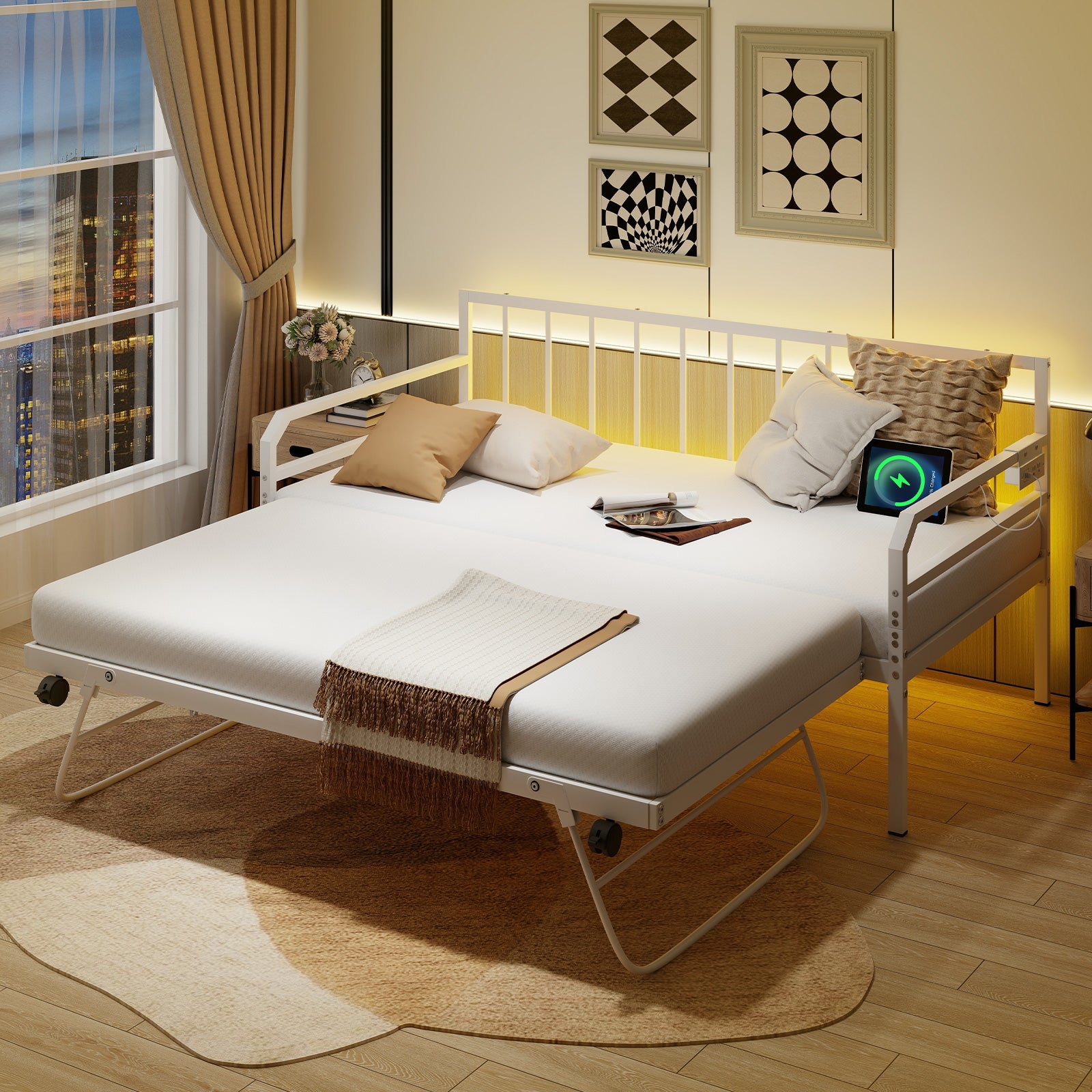 Adjustable Metal Twin Size Daybed with Charging Station and LED Light, White Trundle Bed Frame at Gallery Canada