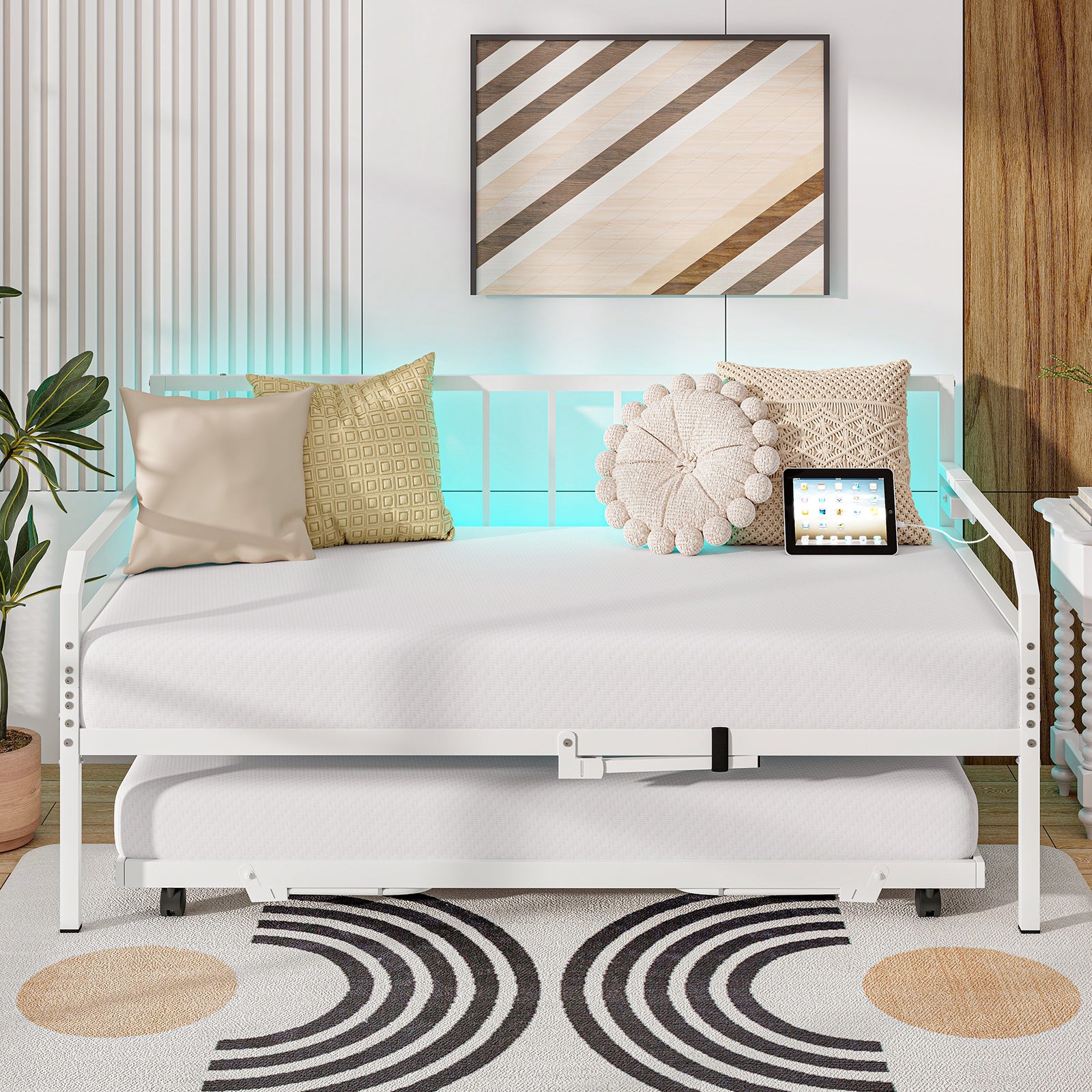 Adjustable Metal Twin Size Daybed with Charging Station and LED Light, White Trundle Bed Frame at Gallery Canada