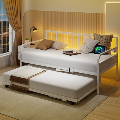 Adjustable Metal Twin Size Daybed with Charging Station and LED Light, White Trundle Bed Frame at Gallery Canada