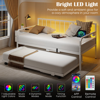 Adjustable Metal Twin Size Daybed with Charging Station and LED Light, White Trundle Bed Frame at Gallery Canada