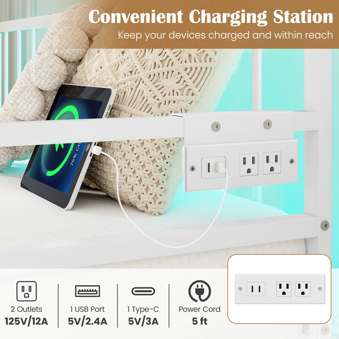 Adjustable Metal Twin Size Daybed with Charging Station and LED Light, White Trundle Bed Frame at Gallery Canada