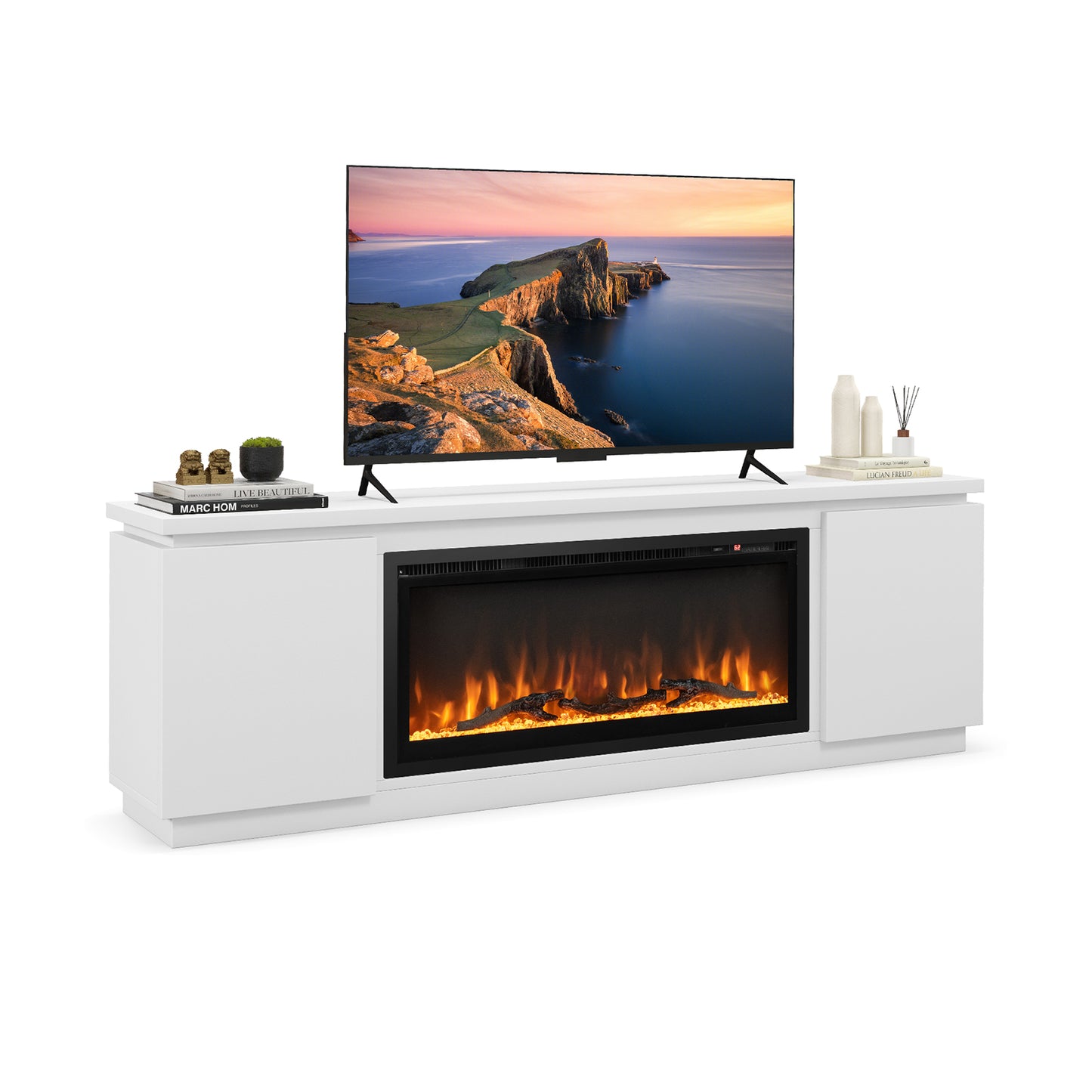 Fireplace TV Stand, 80 Inch, 3 Adjustable Shelves, White Entertainment Centers & TV Stands at Gallery Canada
