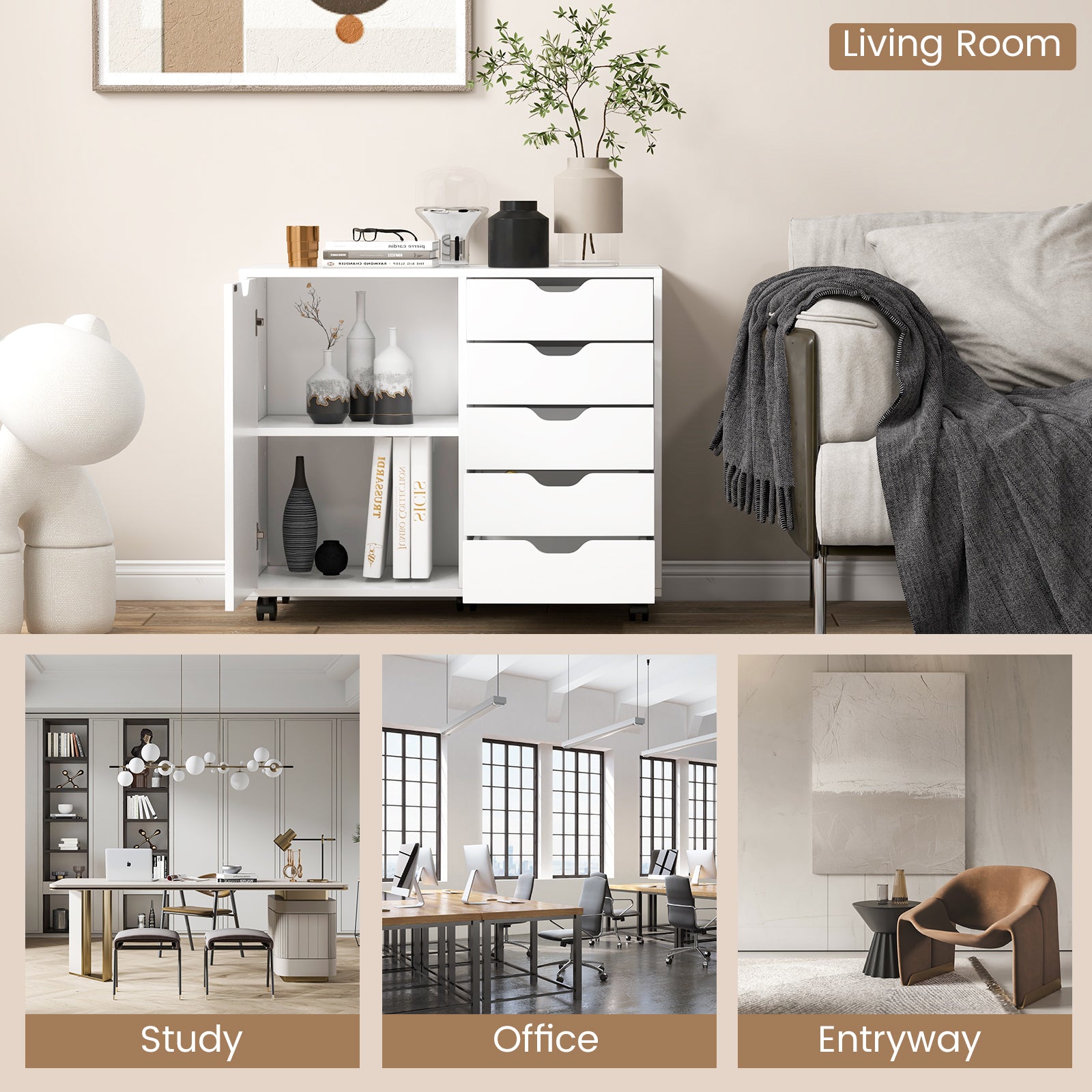 5-Drawer Dresser Chest, Mobile Storage Cabinet With Door, White Cabinets & Chests at Gallery Canada