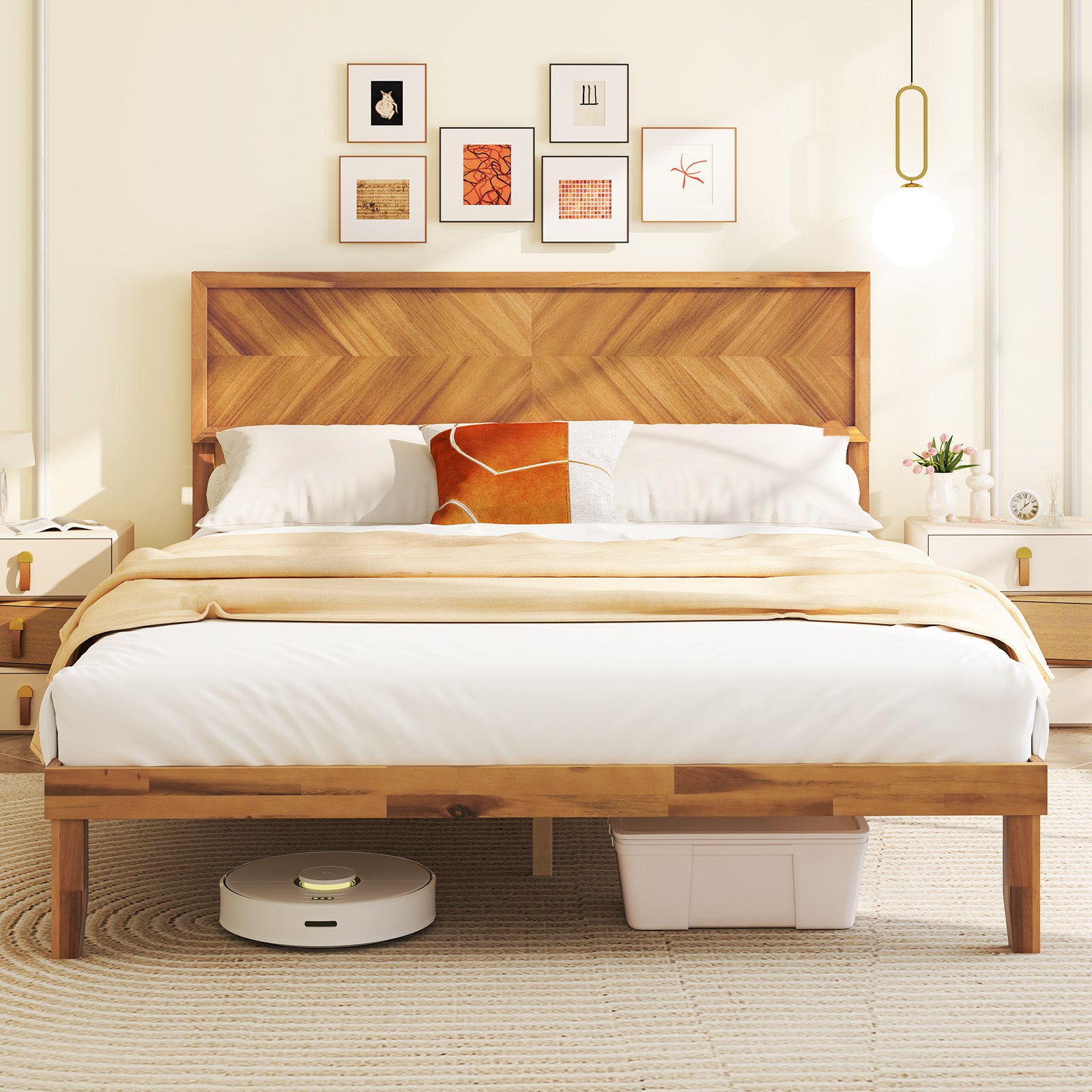 Twin/Full/Queen Size Bed Frame with Headboard and Storage Space-Queen Size, Natural Simple Bed Frame at Gallery Canada