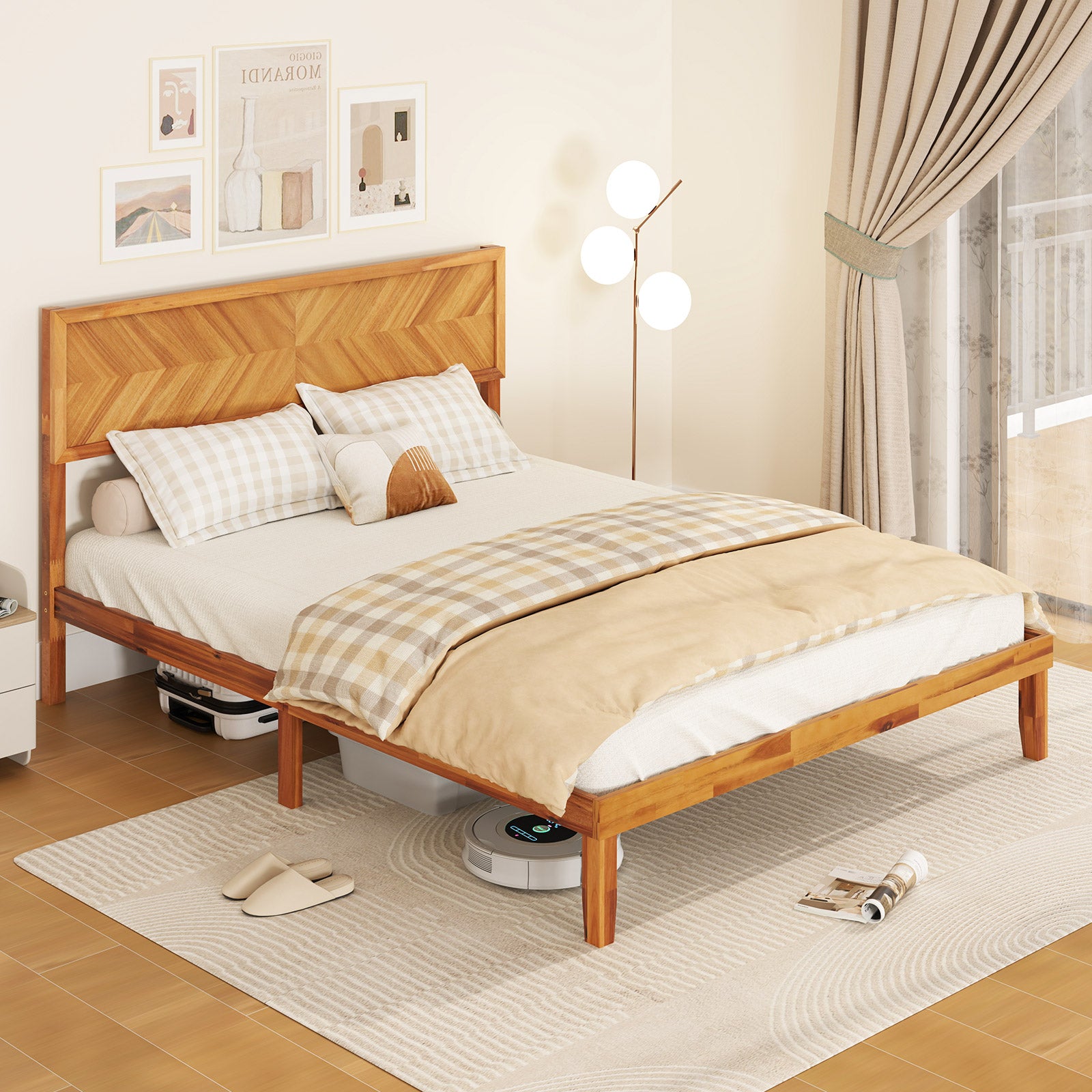 Twin/Full/Queen Size Bed Frame with Headboard and Storage Space-Queen Size, Natural Simple Bed Frame at Gallery Canada