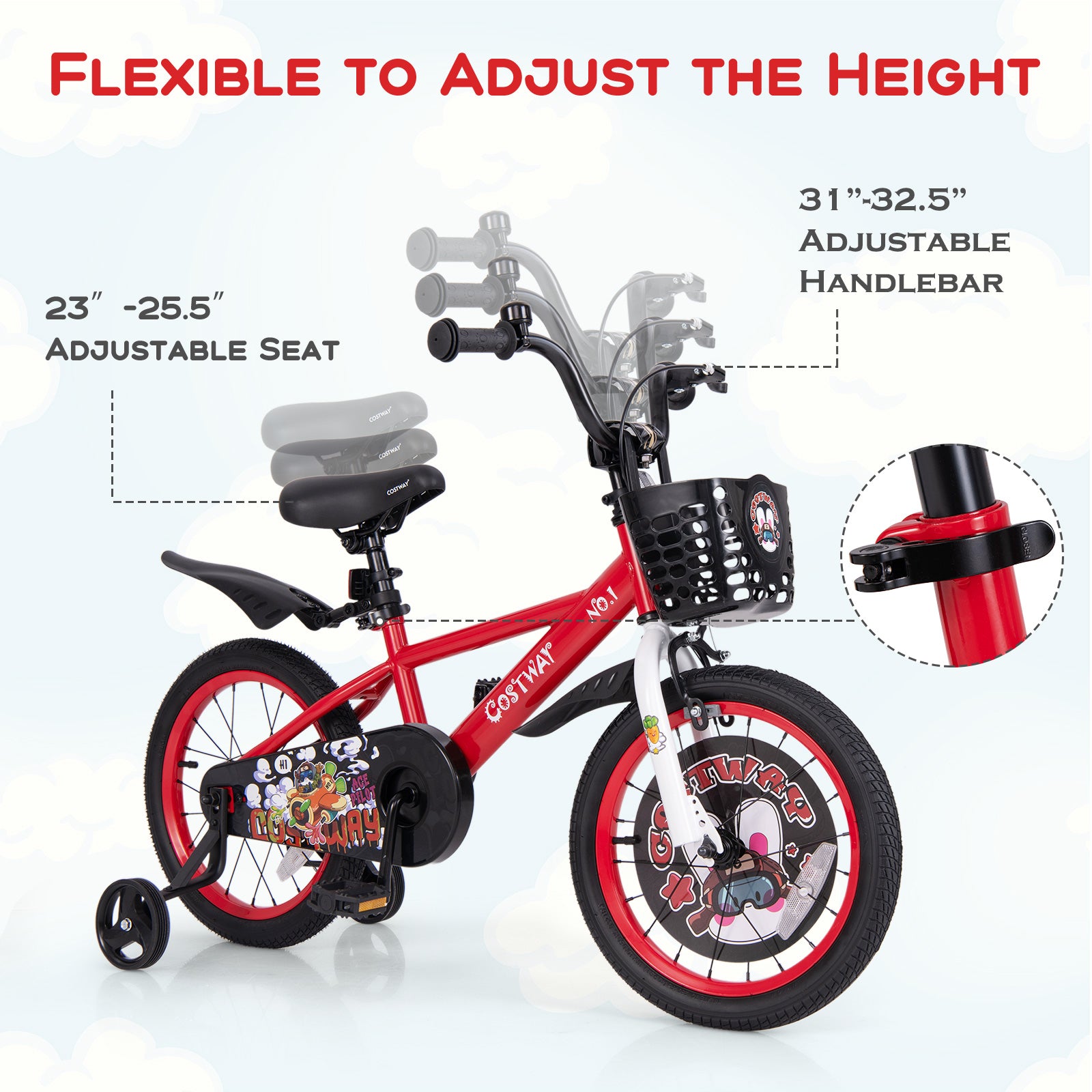 16 Inch Kids Bike Adjustable with Storage Basket and Double Brake for 4-8 Years Old-16 inches, Red Kids Bike at Gallery Canada