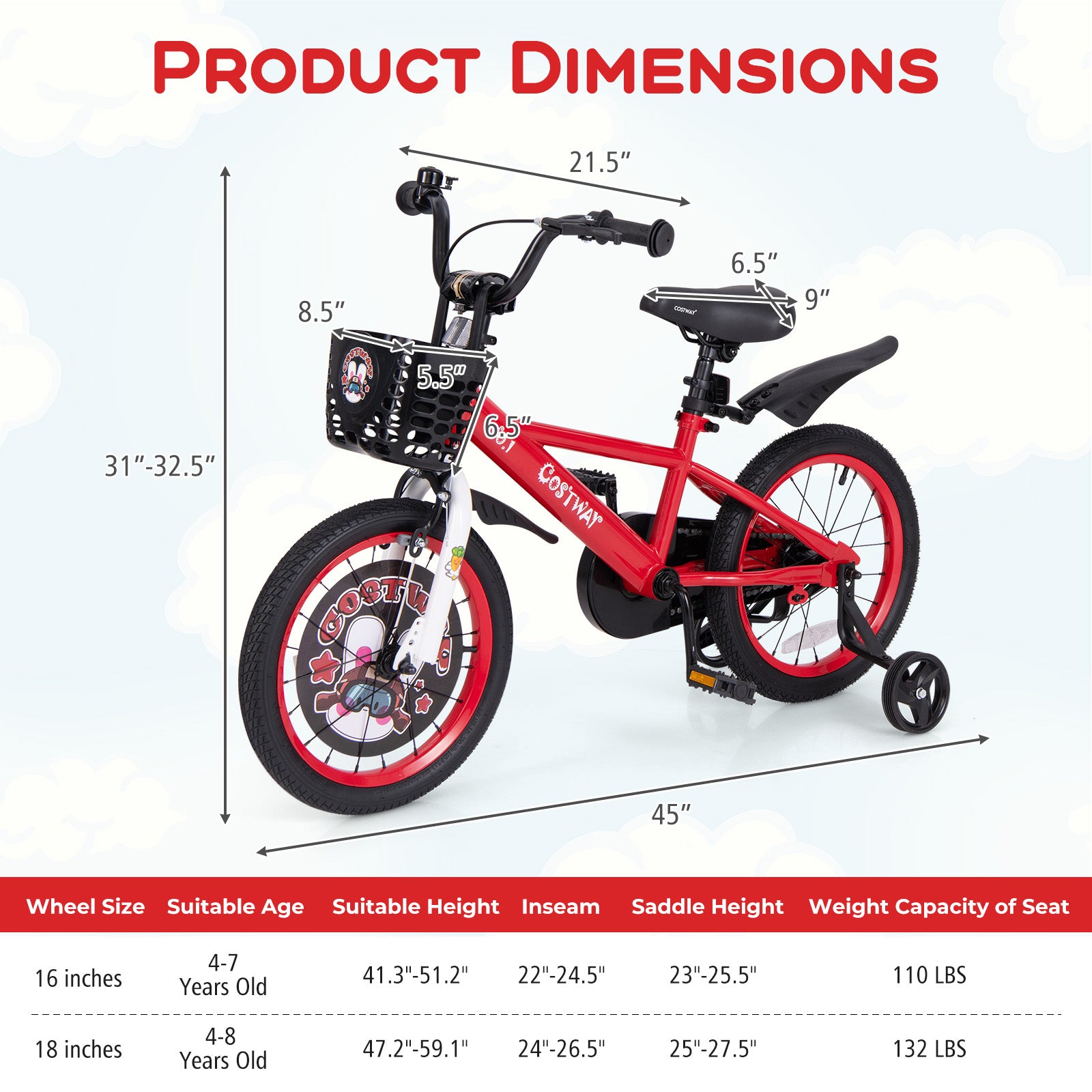 16 Inch Kids Bike Adjustable with Storage Basket and Double Brake for 4-8 Years Old-16 inches, Red Kids Bike at Gallery Canada
