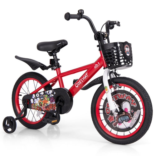 16 Inch Kids Bike, Adjustable, Storage Basket, Double Brake, 4-8 Years, Red