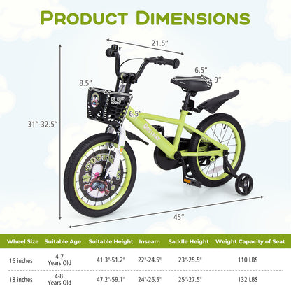 16 Inch Kids Bike Adjustable with Detachable Training Wheels for 4-8 Years Old-16 inches, Green Kids Bike at Gallery Canada