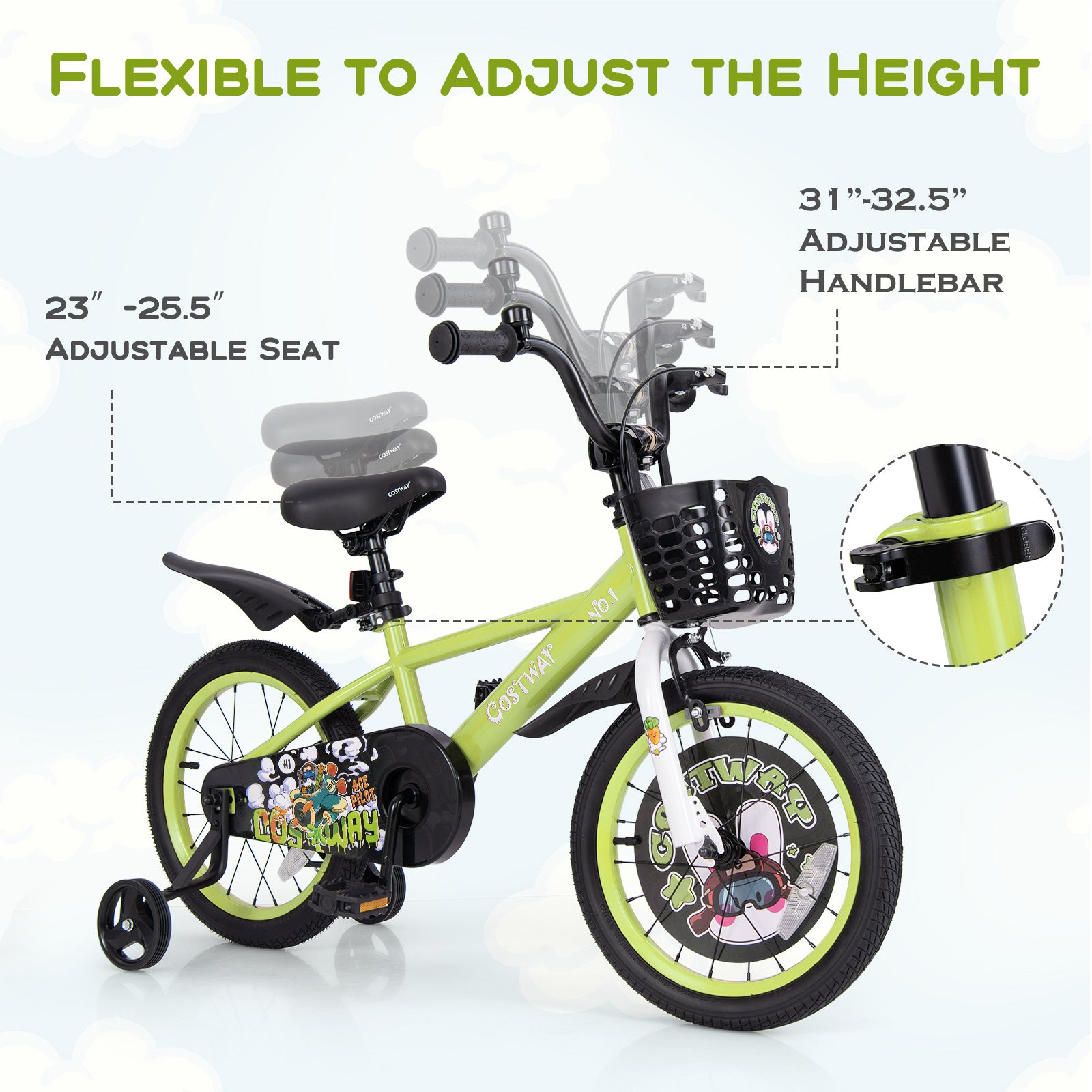 16 Inch Kids Bike Adjustable with Detachable Training Wheels for 4-8 Years Old-16 inches, Green Kids Bike at Gallery Canada