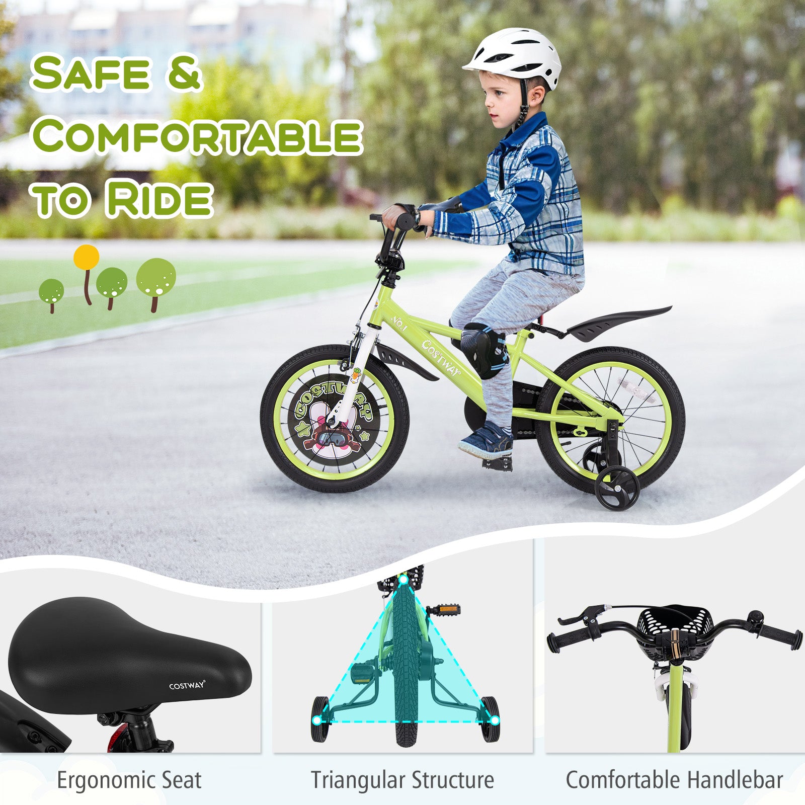 16 Inch Kids Bike Adjustable with Detachable Training Wheels for 4-8 Years Old-16 inches, Green Kids Bike at Gallery Canada
