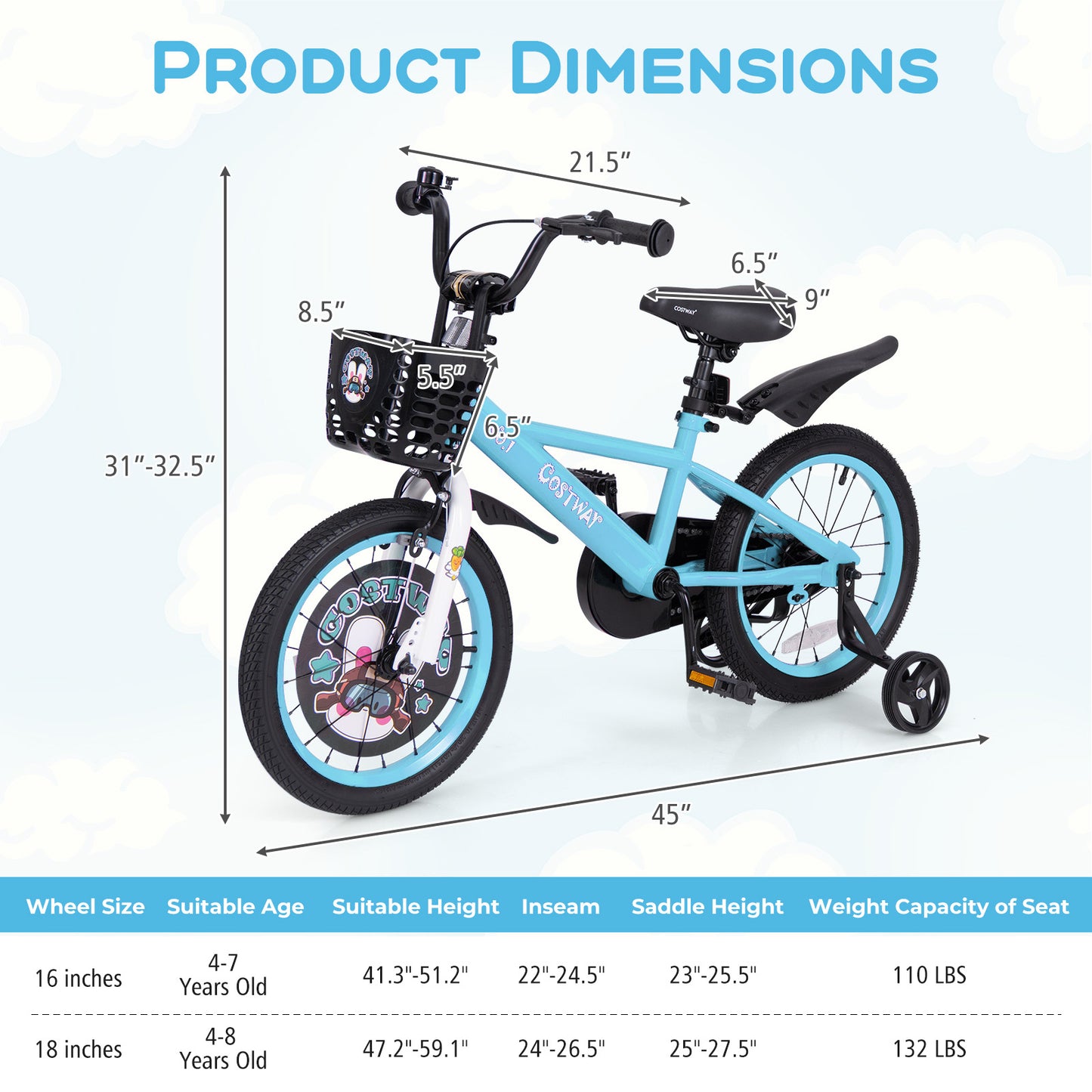 16 Inch Kids Bike with Adjustable Handlebar and Saddle for 4-8 Years Old-16 inches, Blue Kids Bike at Gallery Canada