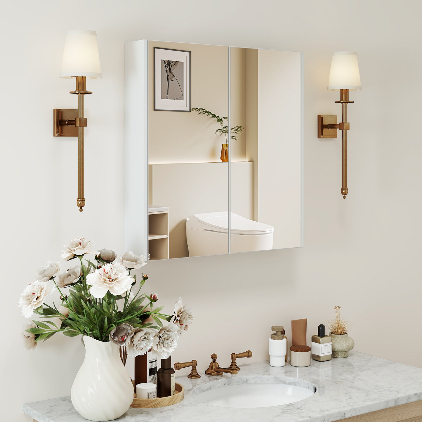 Double Door Bathroom Wall Cabinet with Mirror and Adjustable Shelf, White Wall Cabinets at Gallery Canada