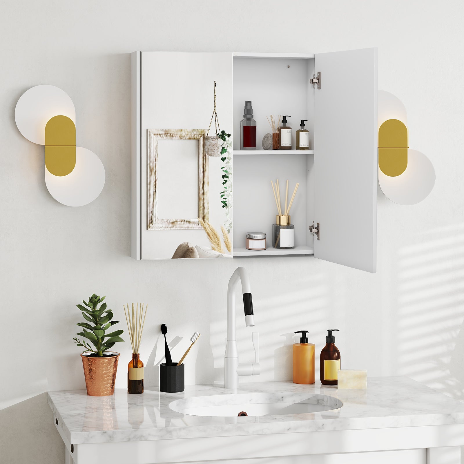Double Door Bathroom Wall Cabinet with Mirror and Adjustable Shelf, White Wall Cabinets at Gallery Canada