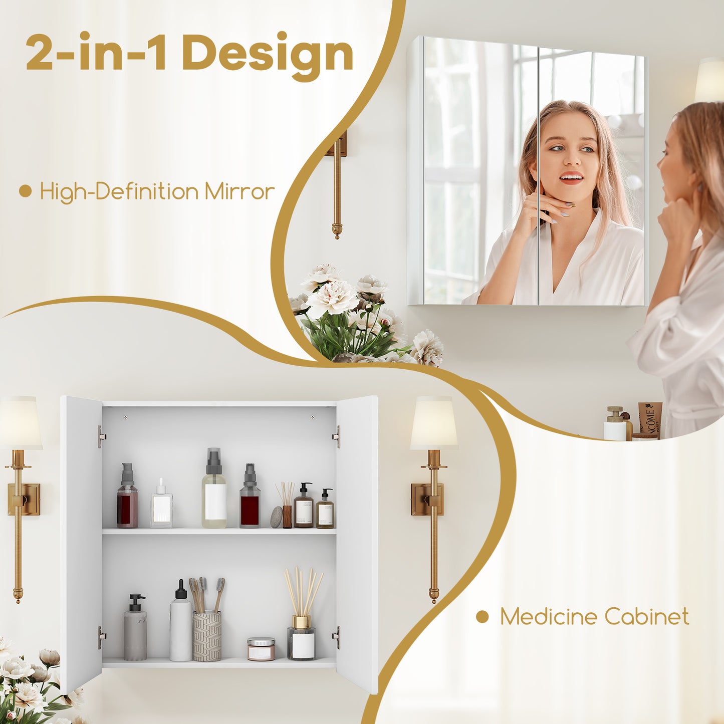 Double Door Bathroom Wall Cabinet with Mirror and Adjustable Shelf, White Wall Cabinets at Gallery Canada