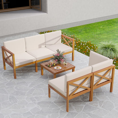 Outdoor 6 Pieces Acacia Wood Patio Sectional Furniture Set, Off White Outdoor Sectionals at Gallery Canada