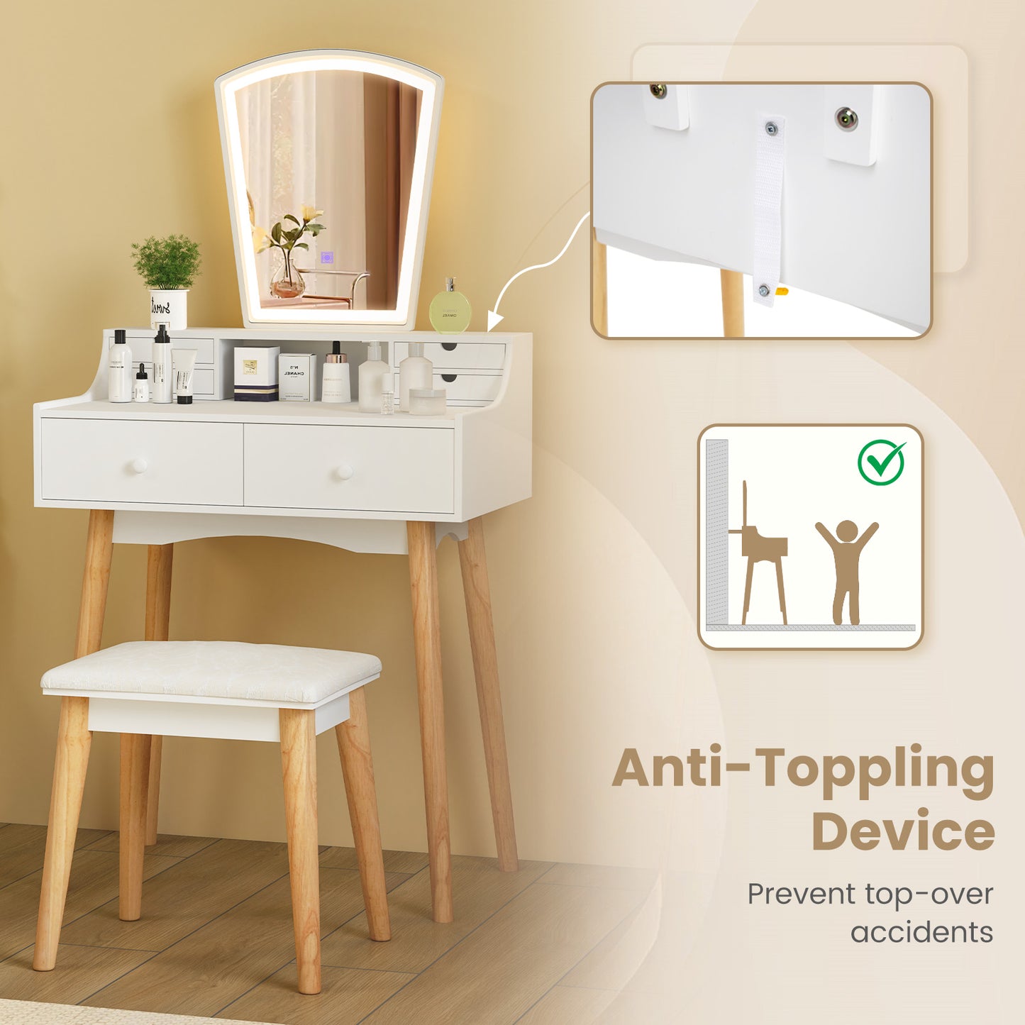 Vanity Desk Set with 3-Color Adjustable LED Lighted Mirror and Drawers, White Makeup Vanities at Gallery Canada