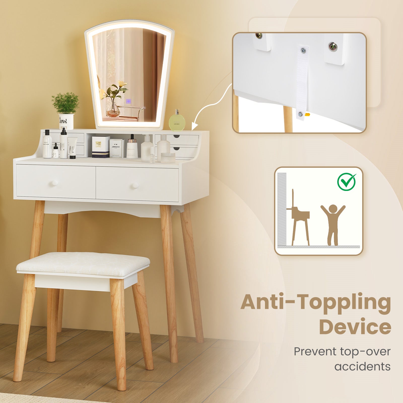 Vanity Desk Set with 3-Color Adjustable LED Lighted Mirror and Drawers, White Makeup Vanities at Gallery Canada