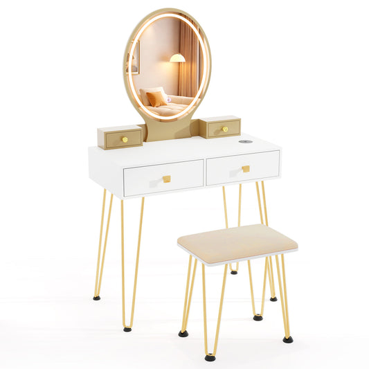 Vanity Table Set With Lighted Dimmable Mirror, White, 3-Color Makeup Vanities White at Gallery Canada