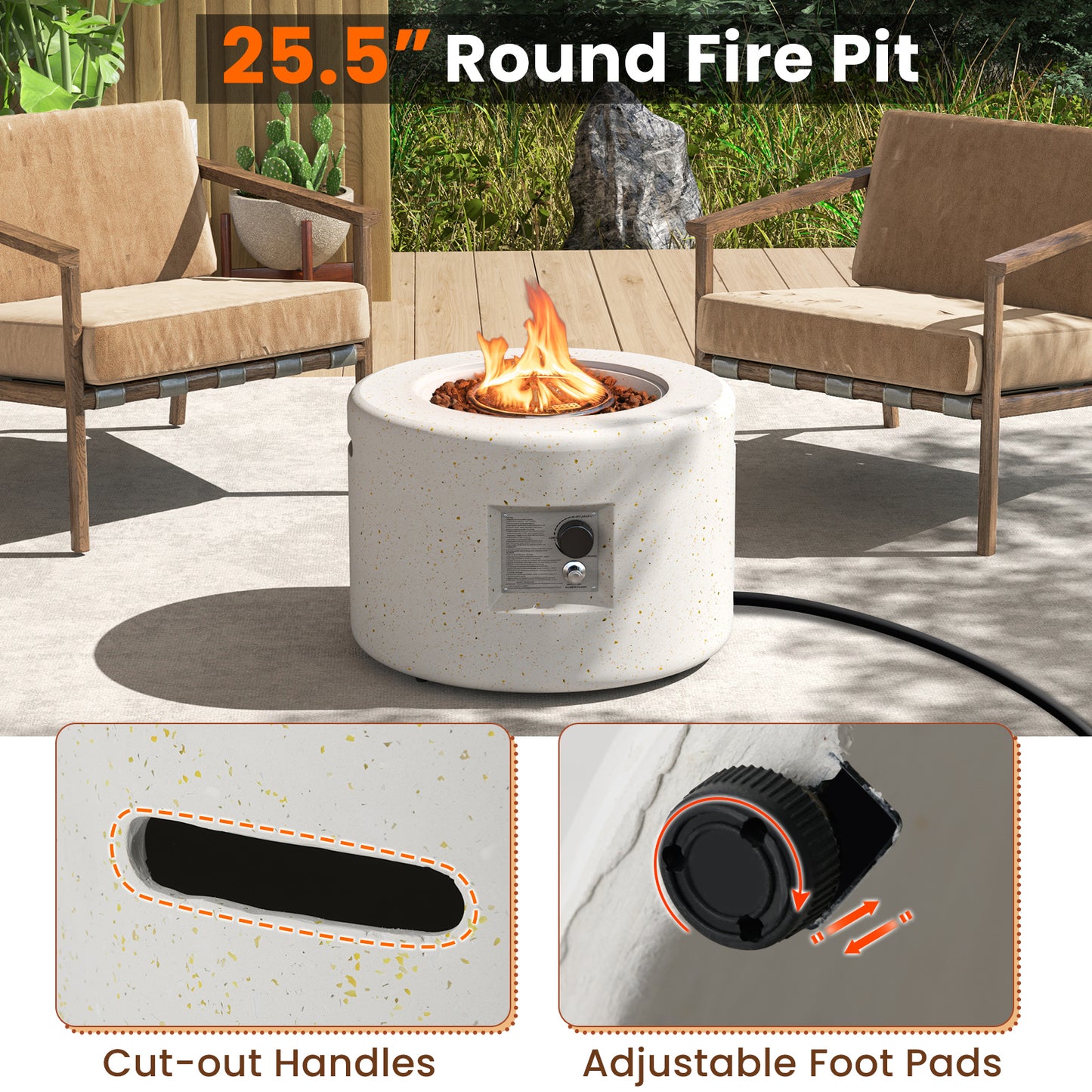 Round Terrazzo Propane Gas Fire Pit Protective PVC Cover Lava Rocks Included, White Fire Pit Tables at Gallery Canada