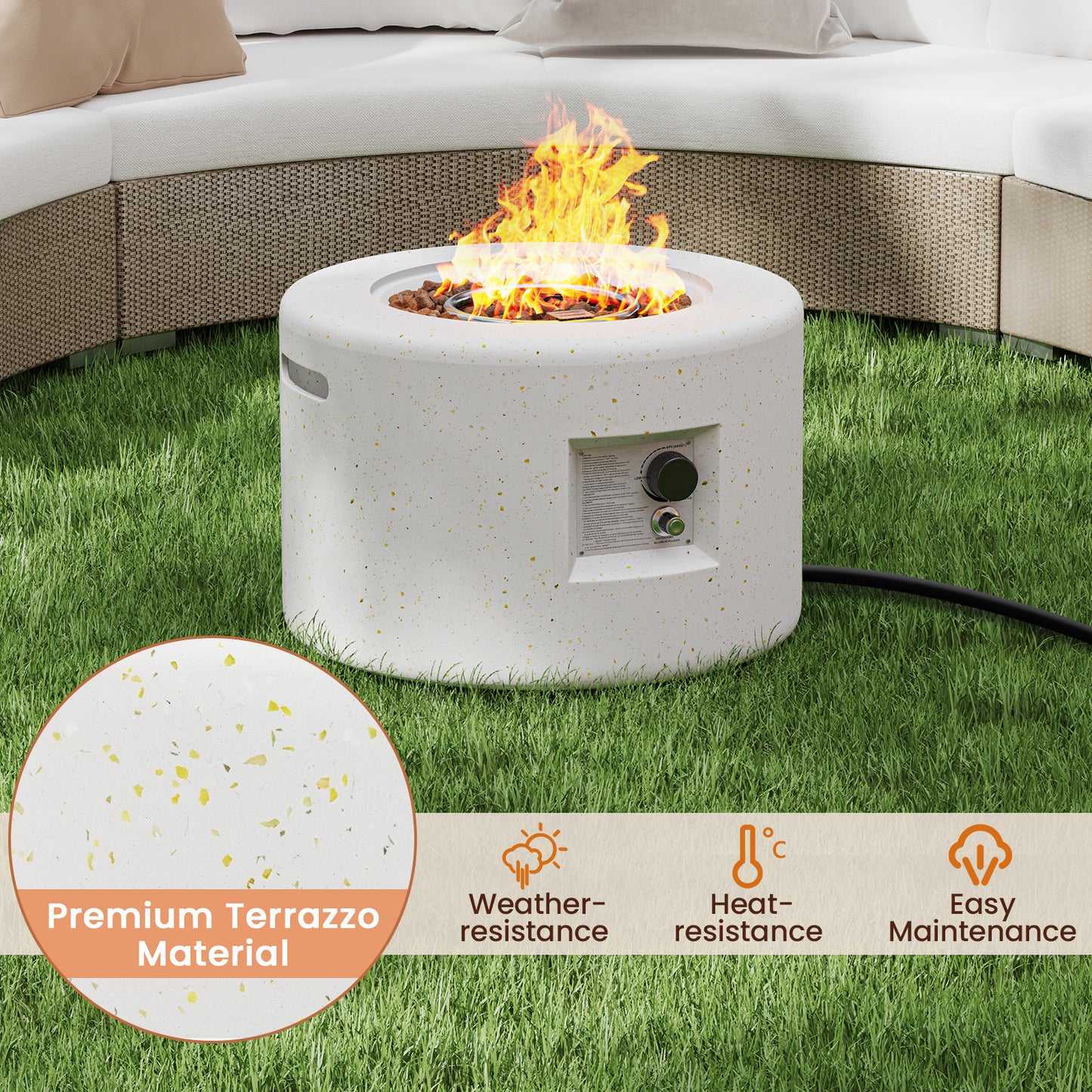 Round Terrazzo Propane Gas Fire Pit Protective PVC Cover Lava Rocks Included, White Fire Pit Tables at Gallery Canada