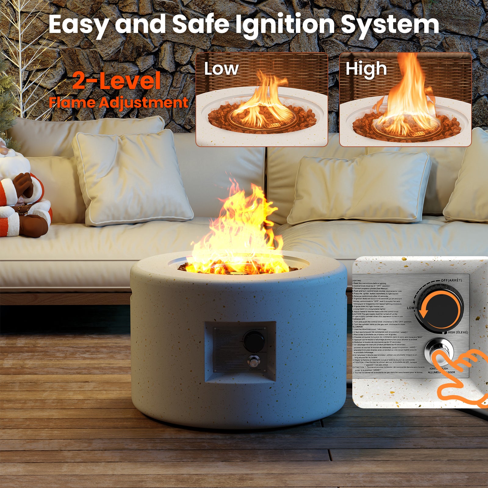 Round Terrazzo Propane Gas Fire Pit Protective PVC Cover Lava Rocks Included, White Fire Pit Tables at Gallery Canada