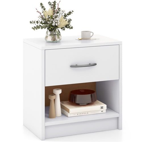 Bedside Table Nightstand with Drawer and Open Storage Shelf, White