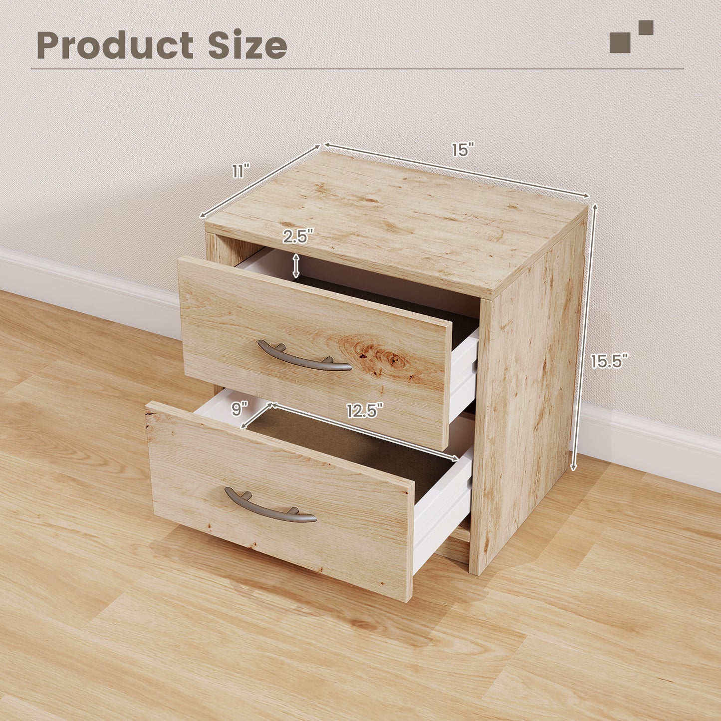 2 Drawer Nightstand with Storage for Living Room, Oak Nightstands at Gallery Canada