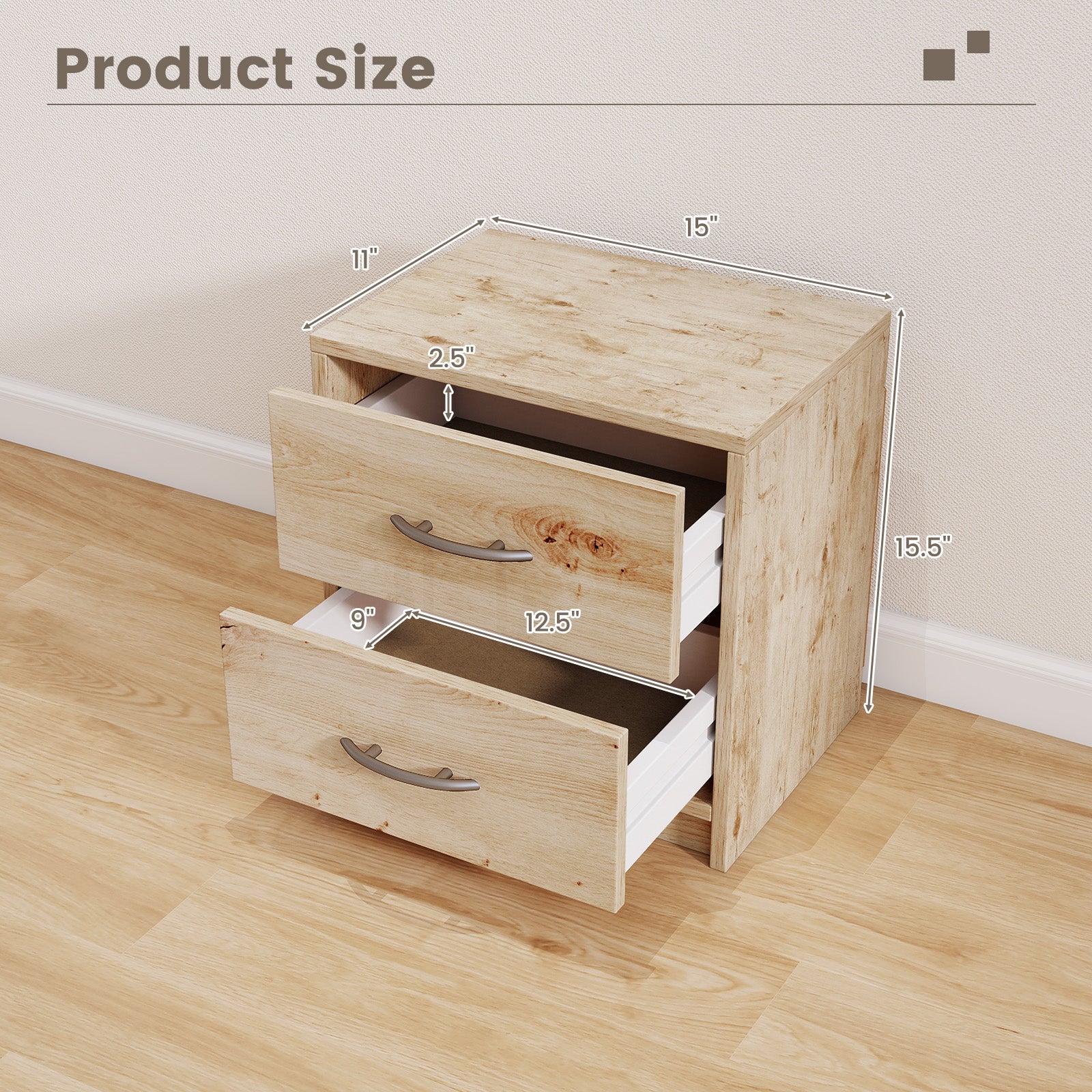 2 Drawer Nightstand with Storage for Living Room, Oak Nightstands at Gallery Canada