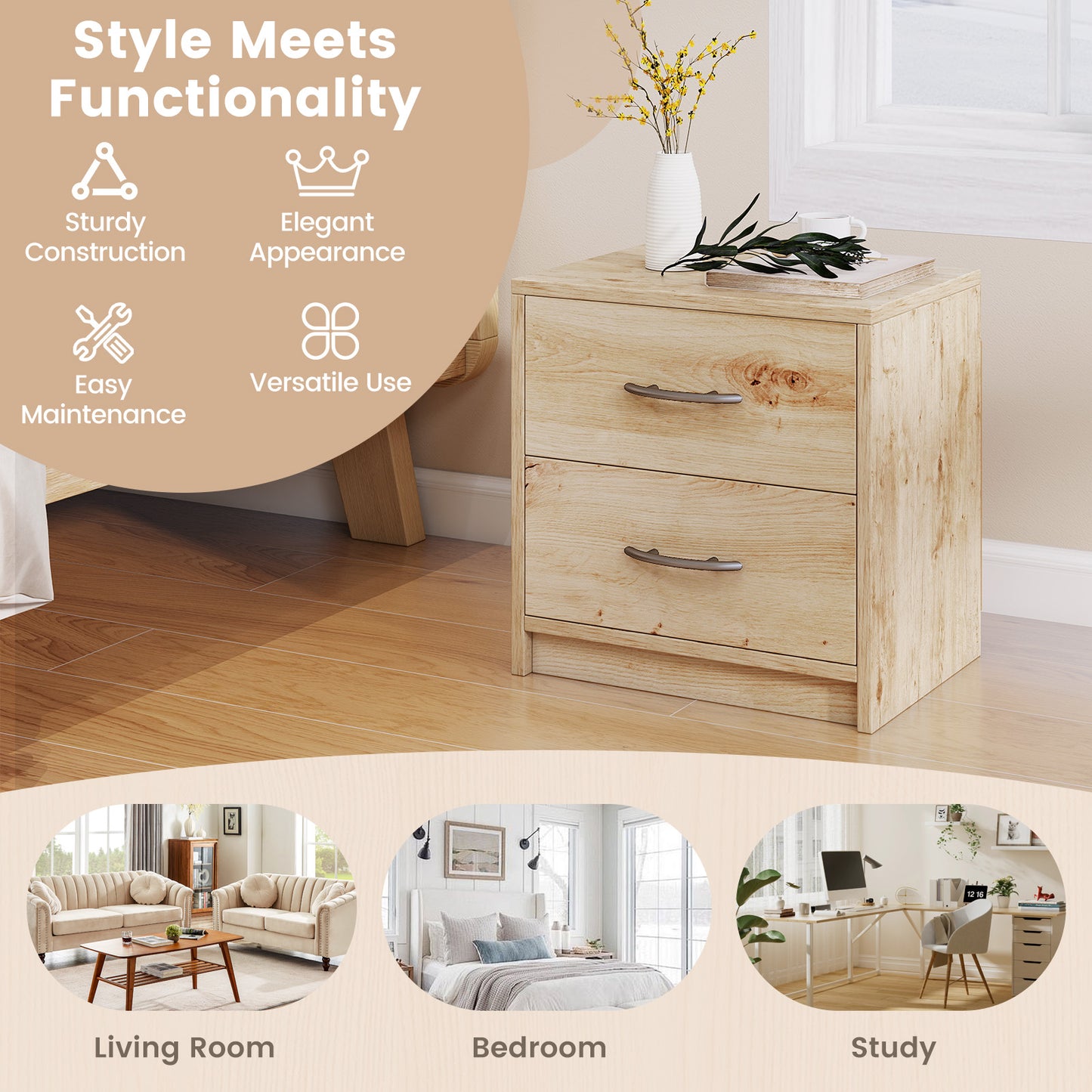 2 Drawer Nightstand with Storage for Living Room, Oak Nightstands at Gallery Canada