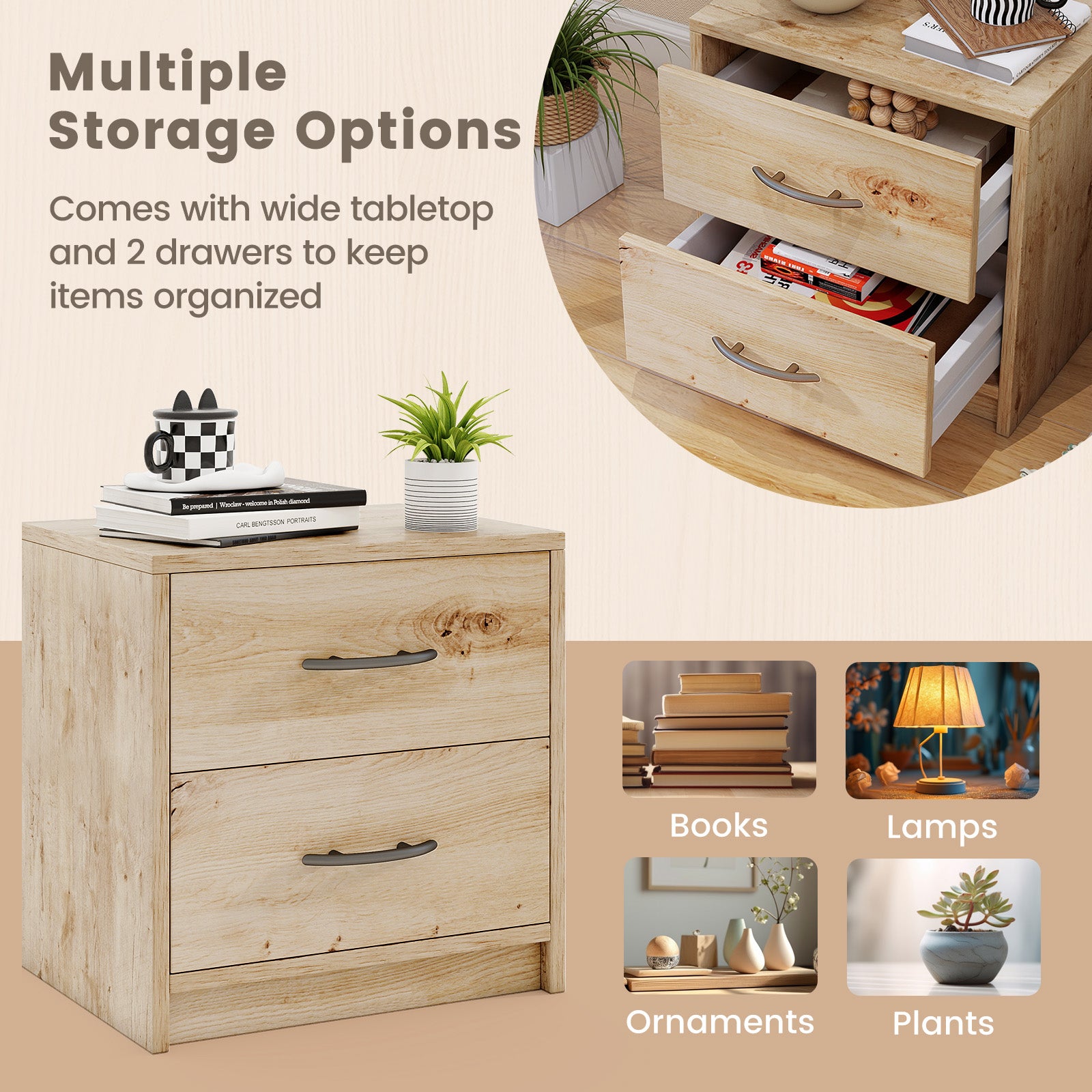 2 Drawer Nightstand with Storage for Living Room, Oak Nightstands at Gallery Canada