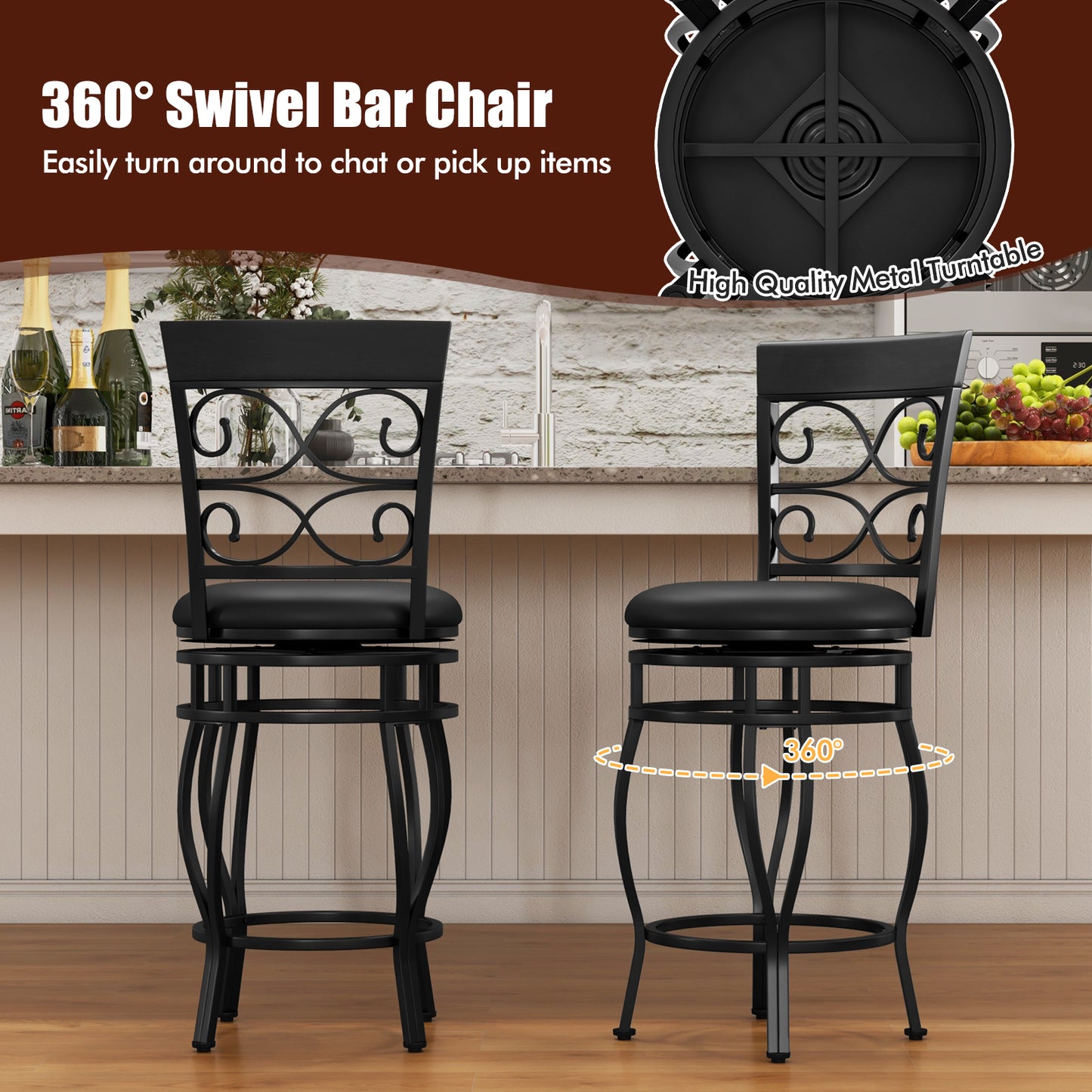 Set of 2 26 Inch Bar Stools, with Backrest and Footrest, Black Dining Chairs at Gallery Canada