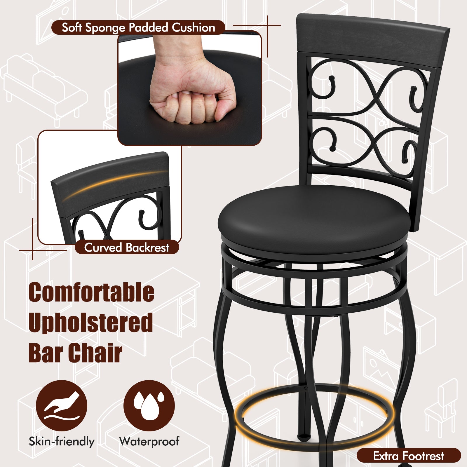 Set of 2 26 Inch Bar Stools, with Backrest and Footrest, Black Dining Chairs at Gallery Canada
