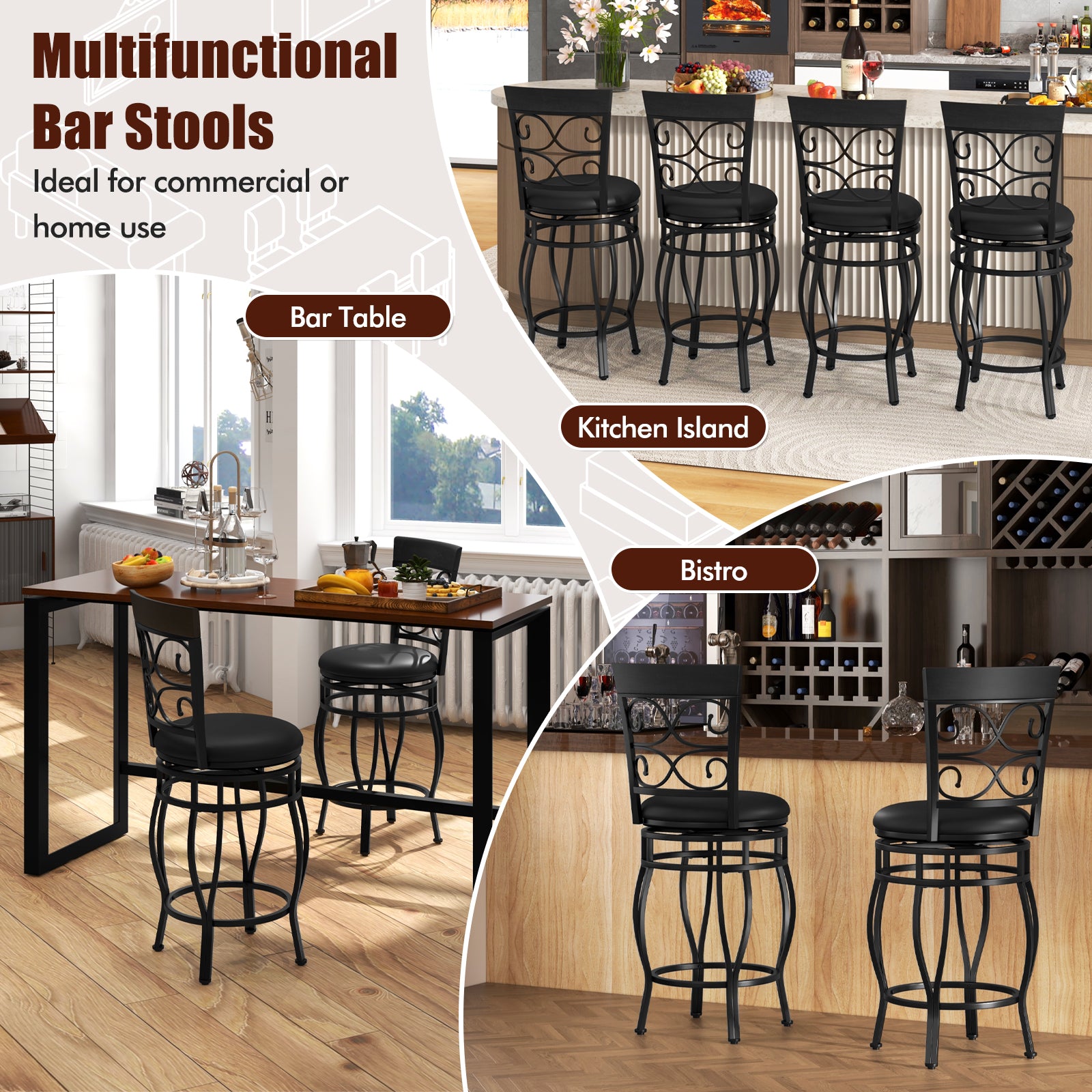Set of 2 26 Inch Bar Stools, with Backrest and Footrest, Black Dining Chairs at Gallery Canada