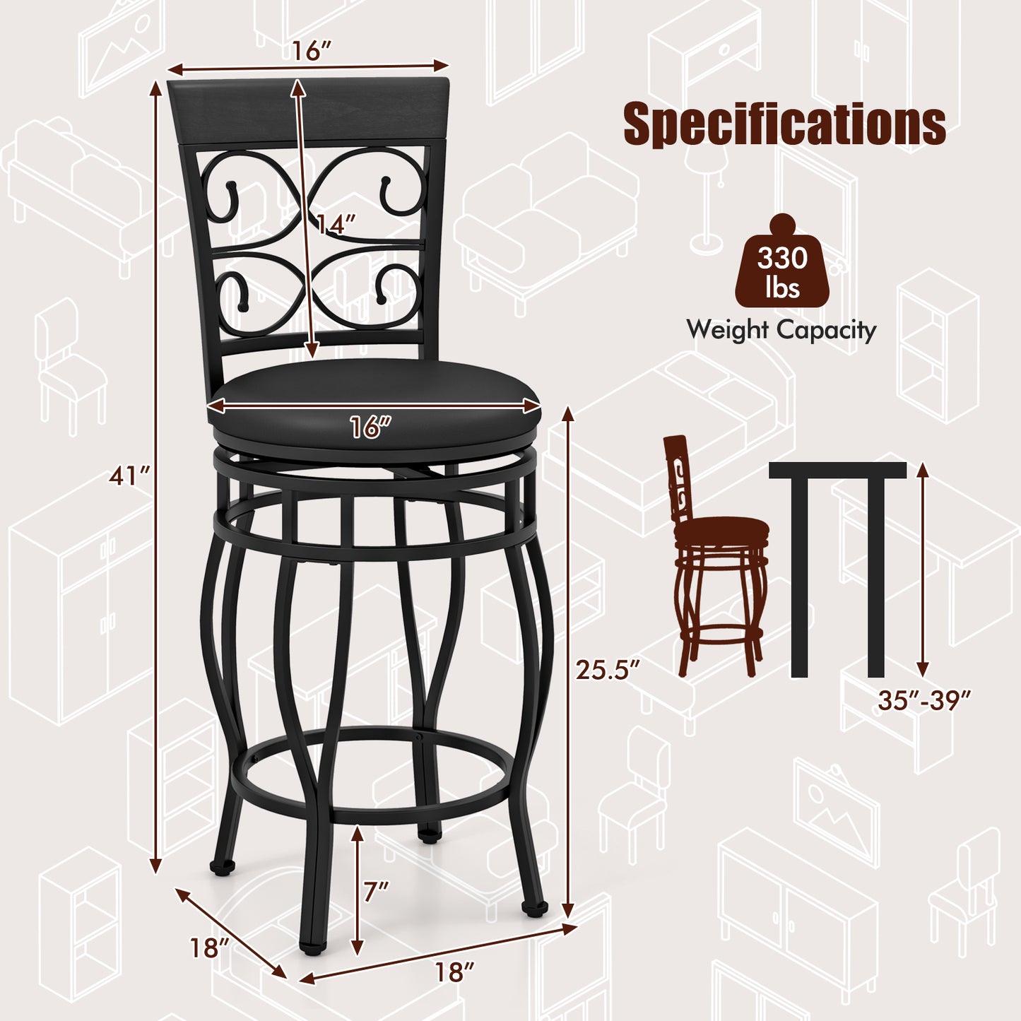 Set of 2 26 Inch Bar Stools, with Backrest and Footrest, Black Dining Chairs at Gallery Canada