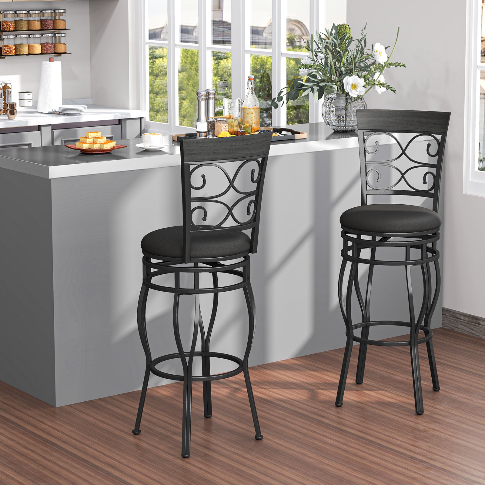 Set of 2 30 Inch Bar Stool with Backrest and Footrest, Black Bar Stools at Gallery Canada