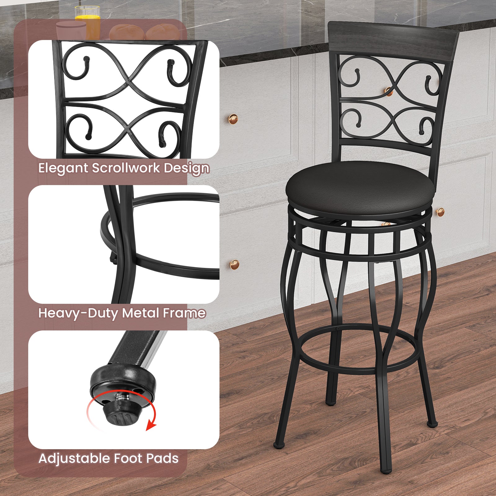 Set of 2 30 Inch Bar Stool with Backrest and Footrest, Black Bar Stools at Gallery Canada