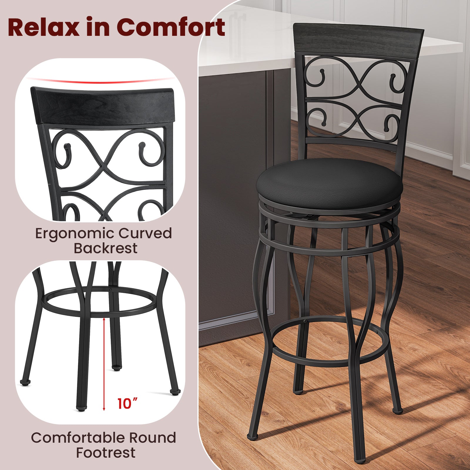 Set of 2 30 Inch Bar Stool with Backrest and Footrest, Black Bar Stools at Gallery Canada