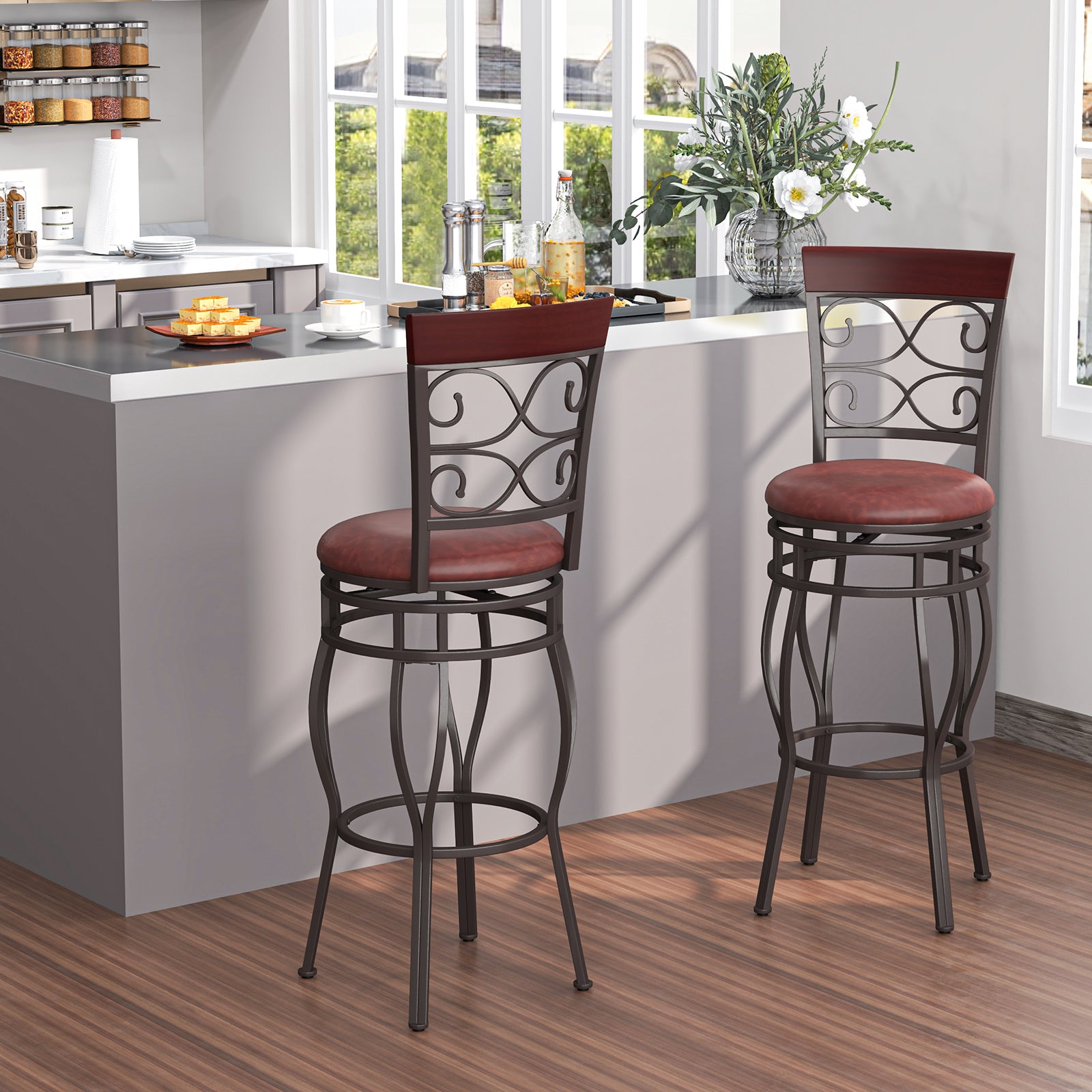 30 Inch 360 Degree Swivel Bar Stools, Leather Padded Seat, Brown Bar Stools at Gallery Canada