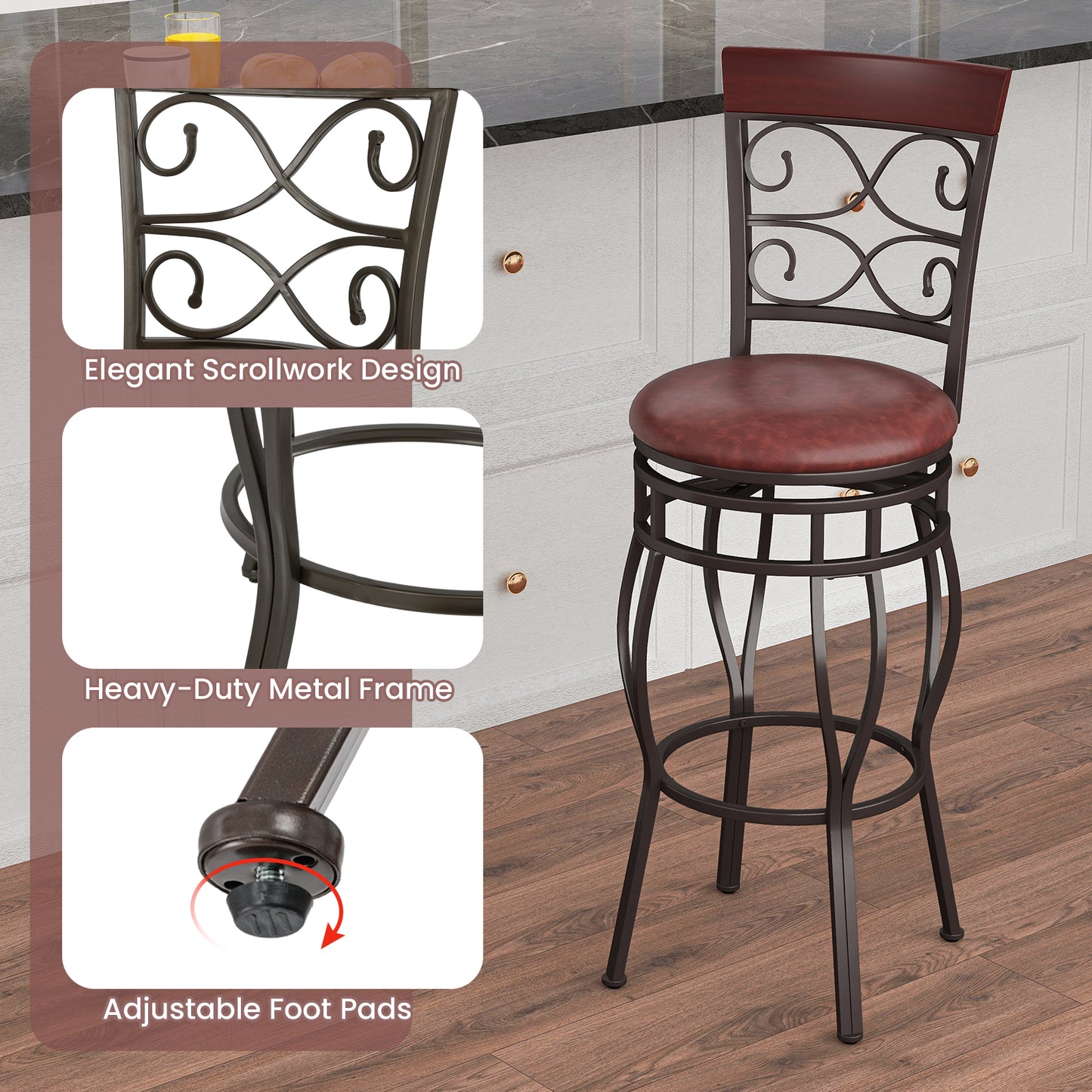 30 Inch 360 Degree Swivel Bar Stools, Leather Padded Seat, Brown Bar Stools at Gallery Canada