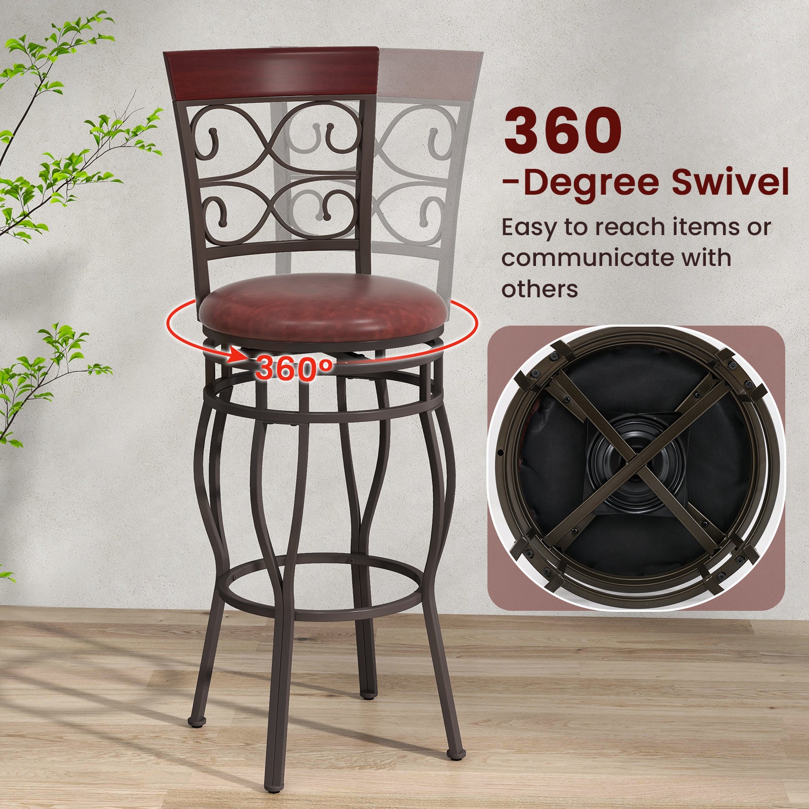 30 Inch 360 Degree Swivel Bar Stools, Leather Padded Seat, Brown Bar Stools at Gallery Canada