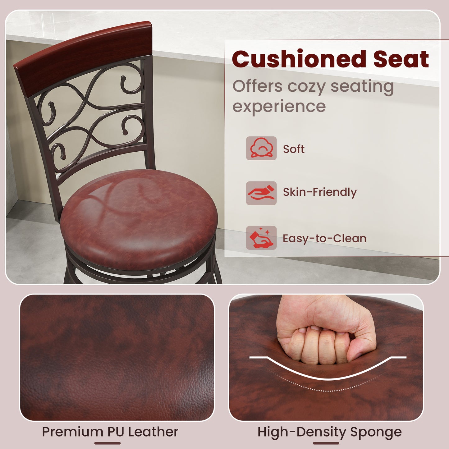 30 Inch 360 Degree Swivel Bar Stools, Leather Padded Seat, Brown Bar Stools at Gallery Canada