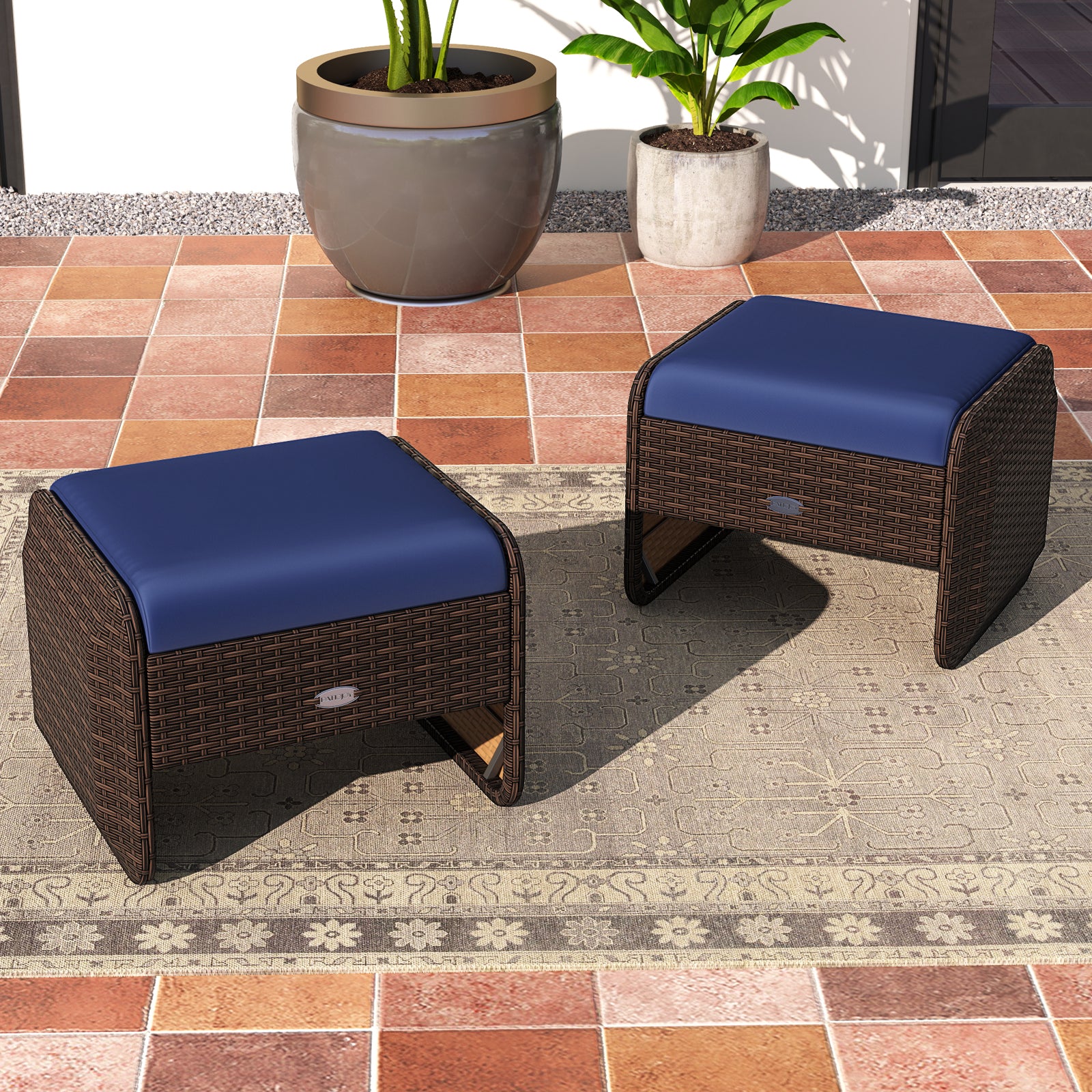 2 Outdoor PE Wicker Ottomans, Removable Cushions, Navy Outdoor Seating & Patio Chairs at Gallery Canada