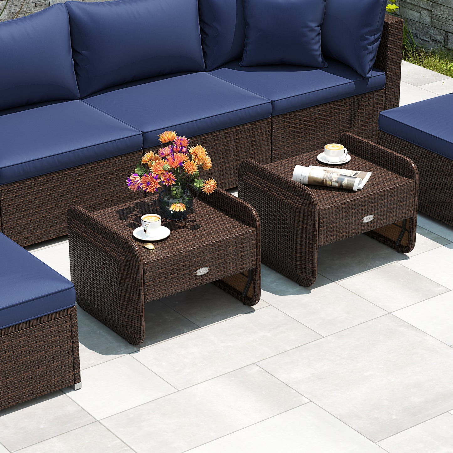 2 Outdoor PE Wicker Ottomans, Removable Cushions, Navy Outdoor Seating & Patio Chairs at Gallery Canada