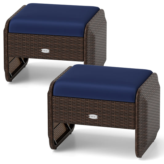 2 Outdoor PE Wicker Ottomans, Removable Cushions, Navy Outdoor Seating & Patio Chairs Navy at Gallery Canada