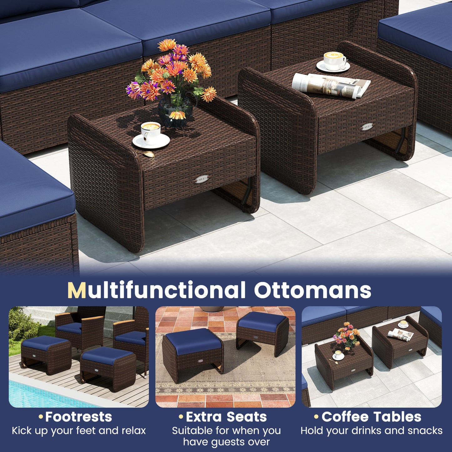 2 Outdoor PE Wicker Ottomans, Removable Cushions, Navy Outdoor Seating & Patio Chairs at Gallery Canada