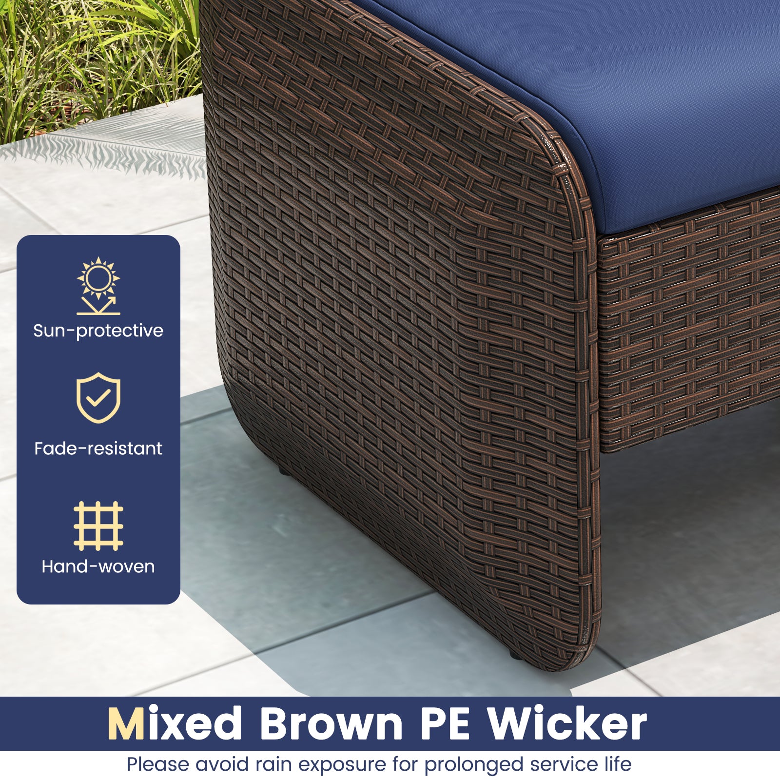 2 Outdoor PE Wicker Ottomans, Removable Cushions, Navy Outdoor Seating & Patio Chairs at Gallery Canada