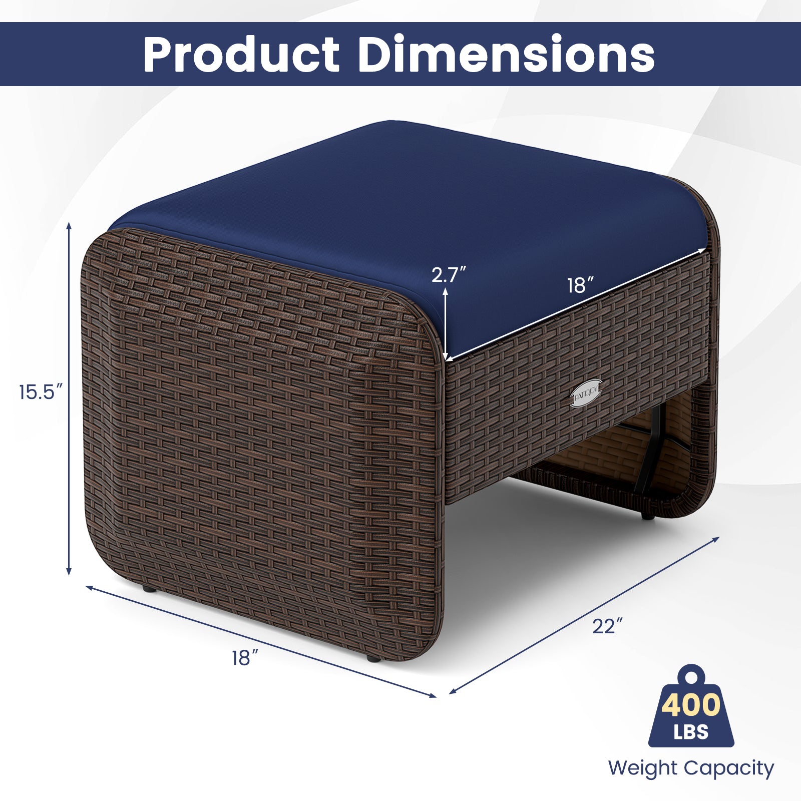 2 Outdoor PE Wicker Ottomans, Removable Cushions, Navy Outdoor Seating & Patio Chairs at Gallery Canada
