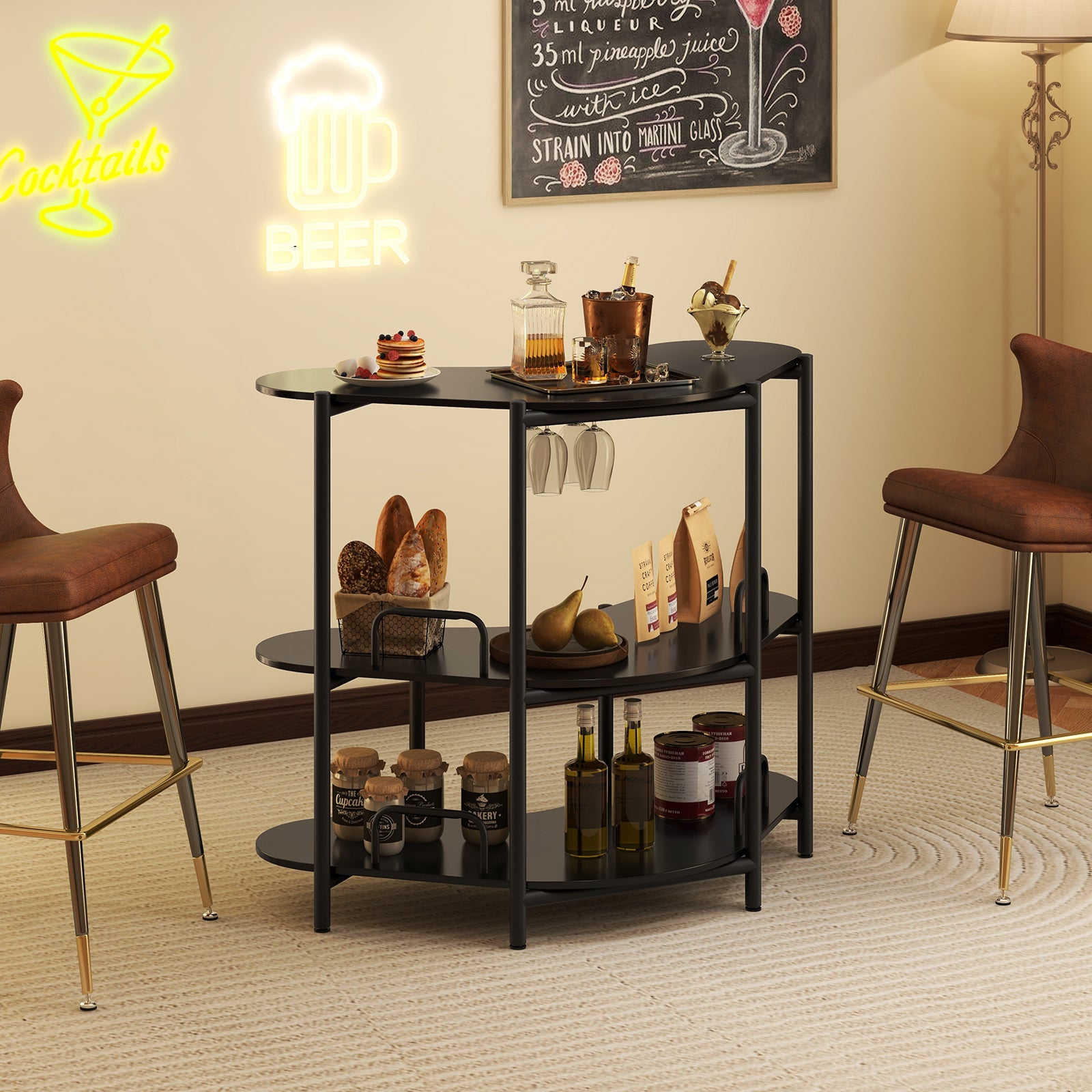 3-Tier Liquor Bar Table with Stemware Racks and Storage Shelves, Black Bar Tables at Gallery Canada