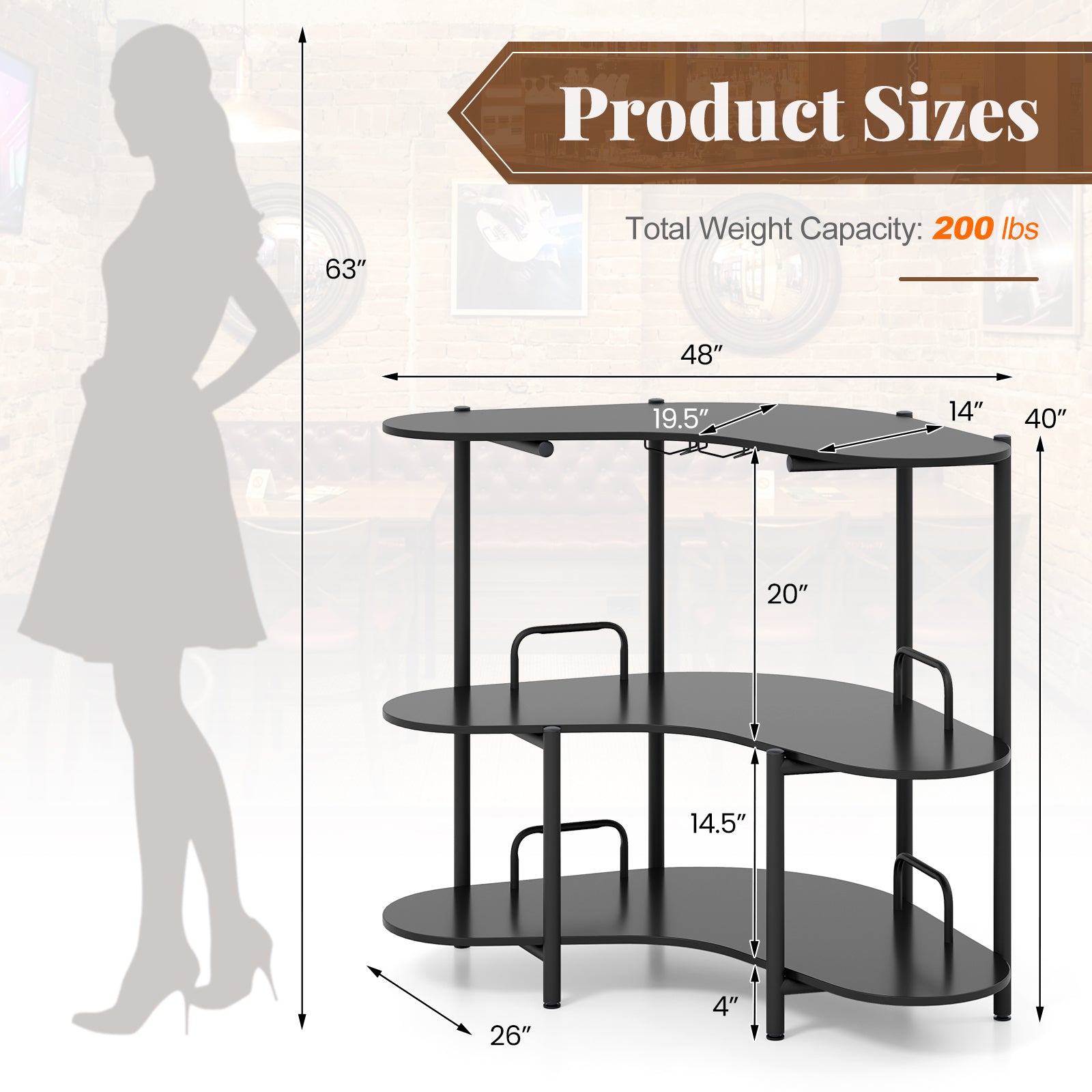 3-Tier Liquor Bar Table with Stemware Racks and Storage Shelves, Black Bar Tables at Gallery Canada
